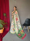 Designer Katha Stitch Saree And Printed Zari Weaving Border Saree With Rich Pallu And Blouse