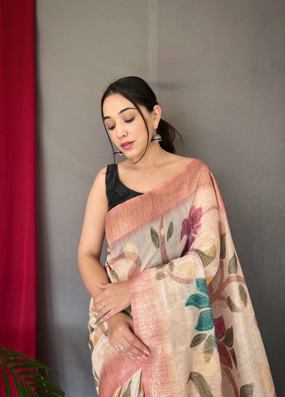 Designer Katha Stitch Saree And Printed Zari Weaving Border Saree With Rich Pallu And Blouse