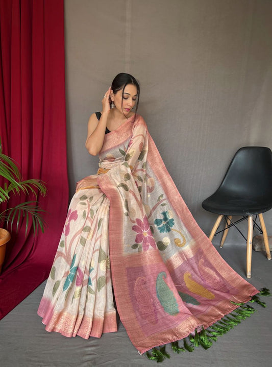 Designer Katha Stitch Saree And Printed Zari Weaving Border Saree With Rich Pallu And Blouse