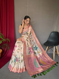 Designer Katha Stitch Saree And Printed Zari Weaving Border Saree With Rich Pallu And Blouse