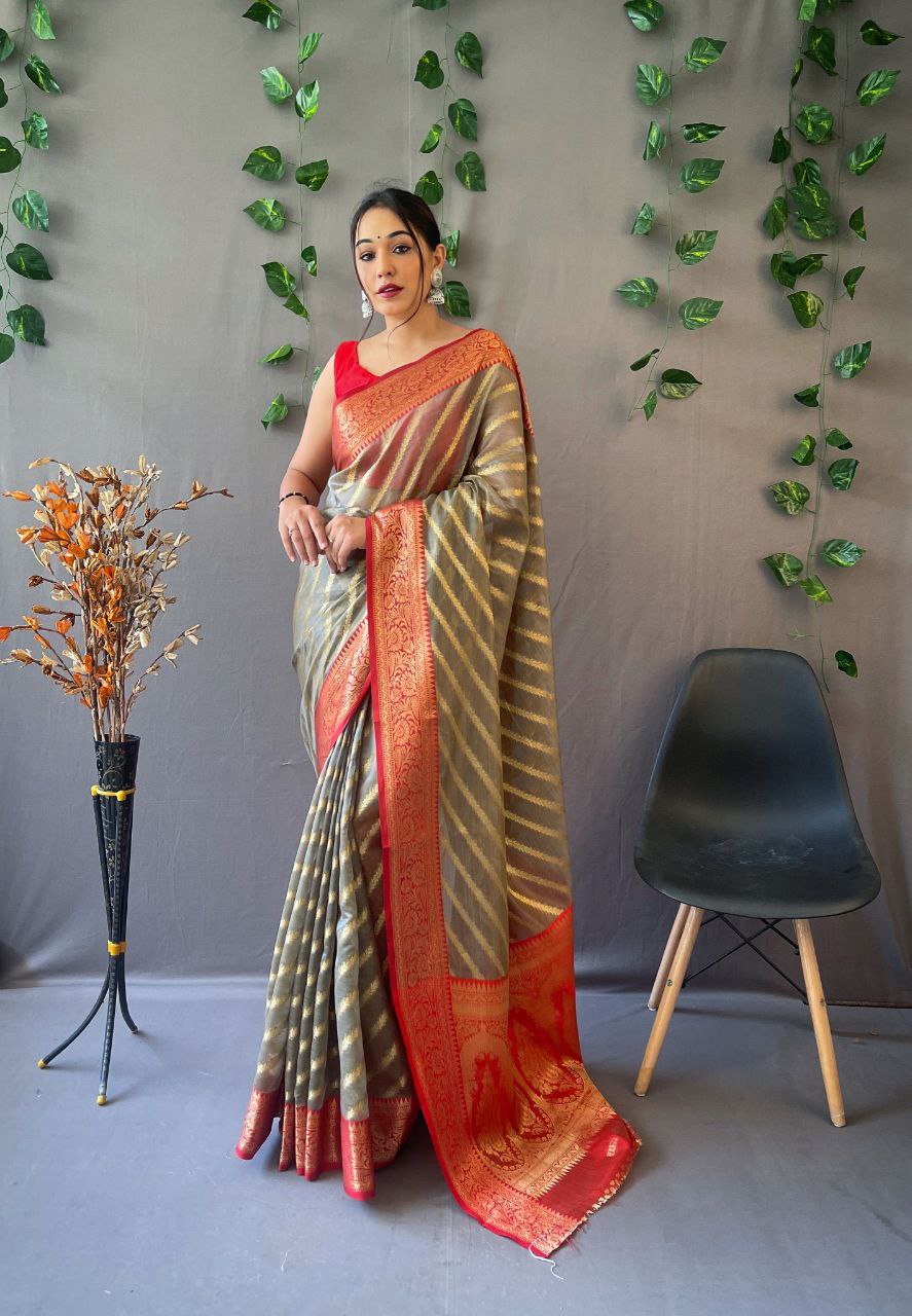 Designer Organza Silk Leheriya Design Soft Silk Saree With Pure Golden Zari Border