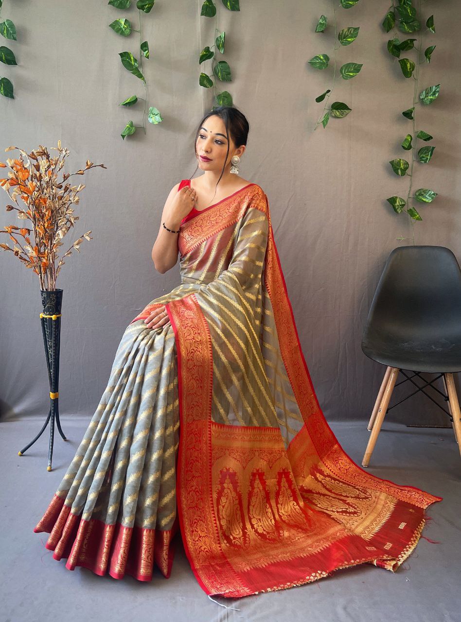 Designer Organza Silk Leheriya Design Soft Silk Saree With Pure Golden Zari Border