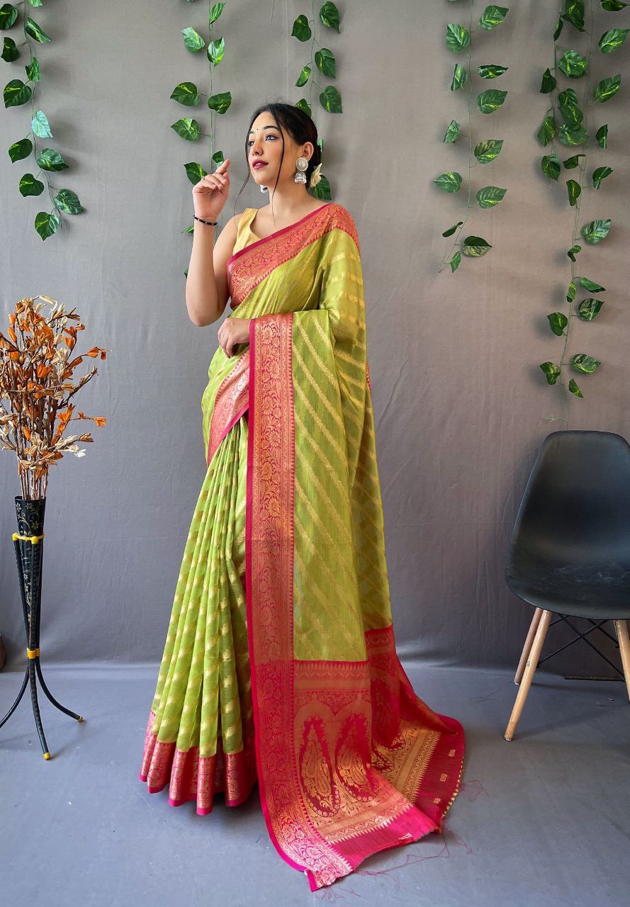 Designer Organza Silk Leheriya Design Soft Silk Saree With Pure Golden Zari Border