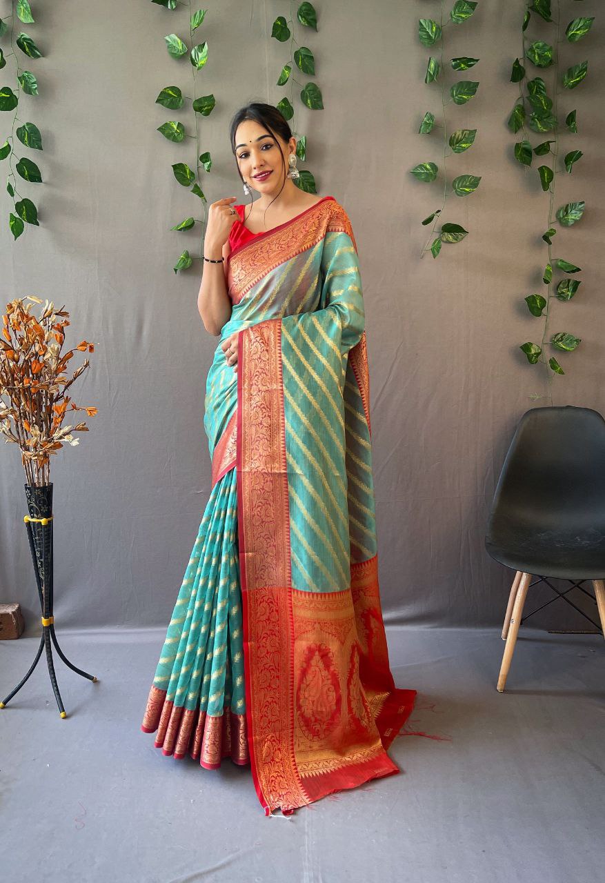 Designer Organza Silk Leheriya Design Soft Silk Saree With Pure Golden Zari Border