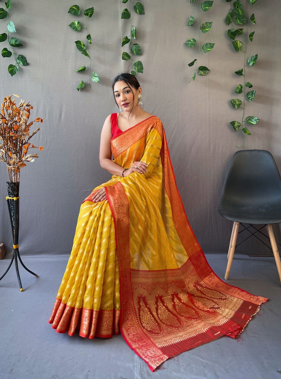 Designer Organza Silk Leheriya Design Soft Silk Saree With Pure Golden Zari Border