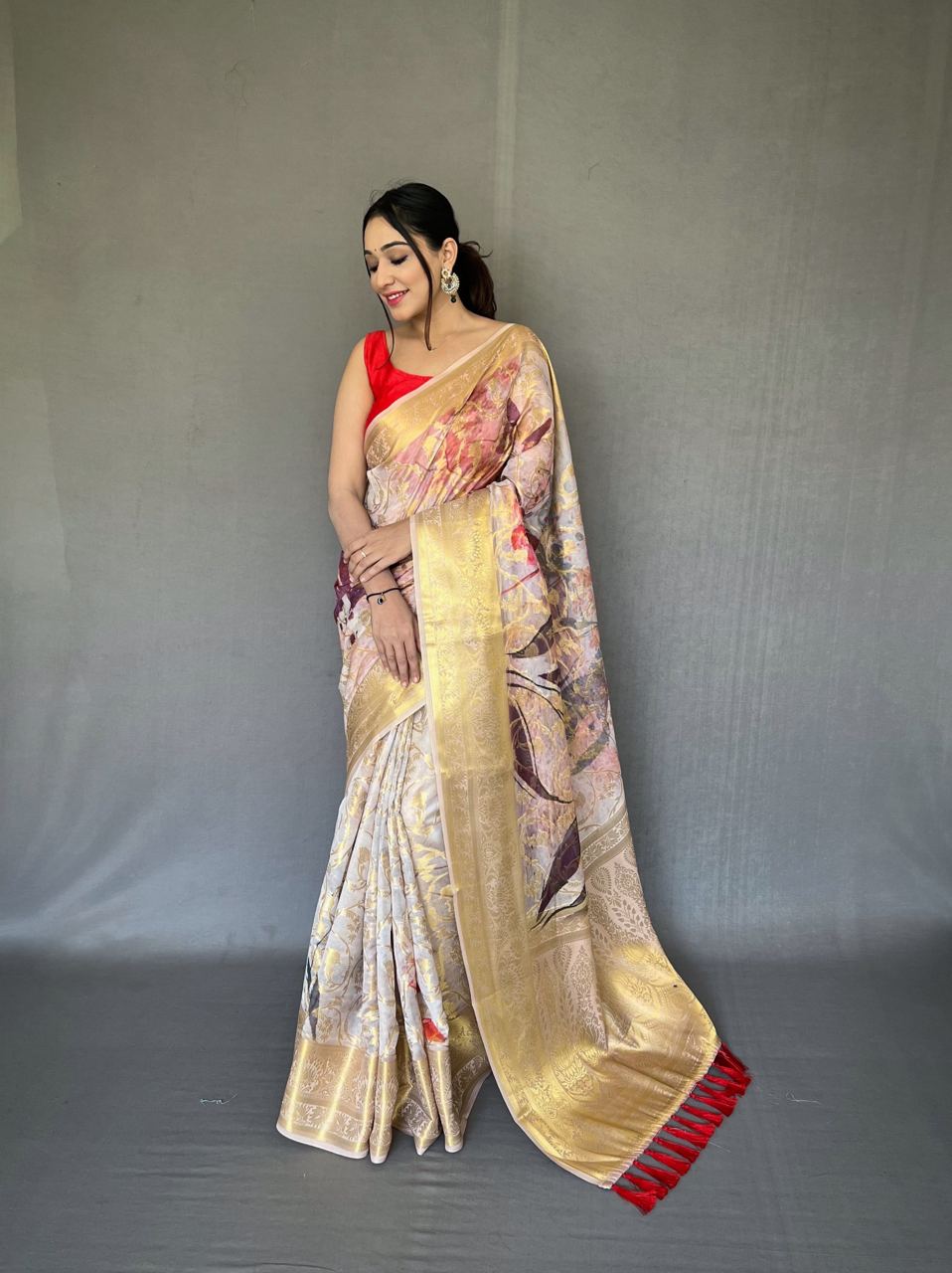 Vsaree Organza Silk Digital Printed Saree With Zari Weaving Border Rich Pallu And Blouse