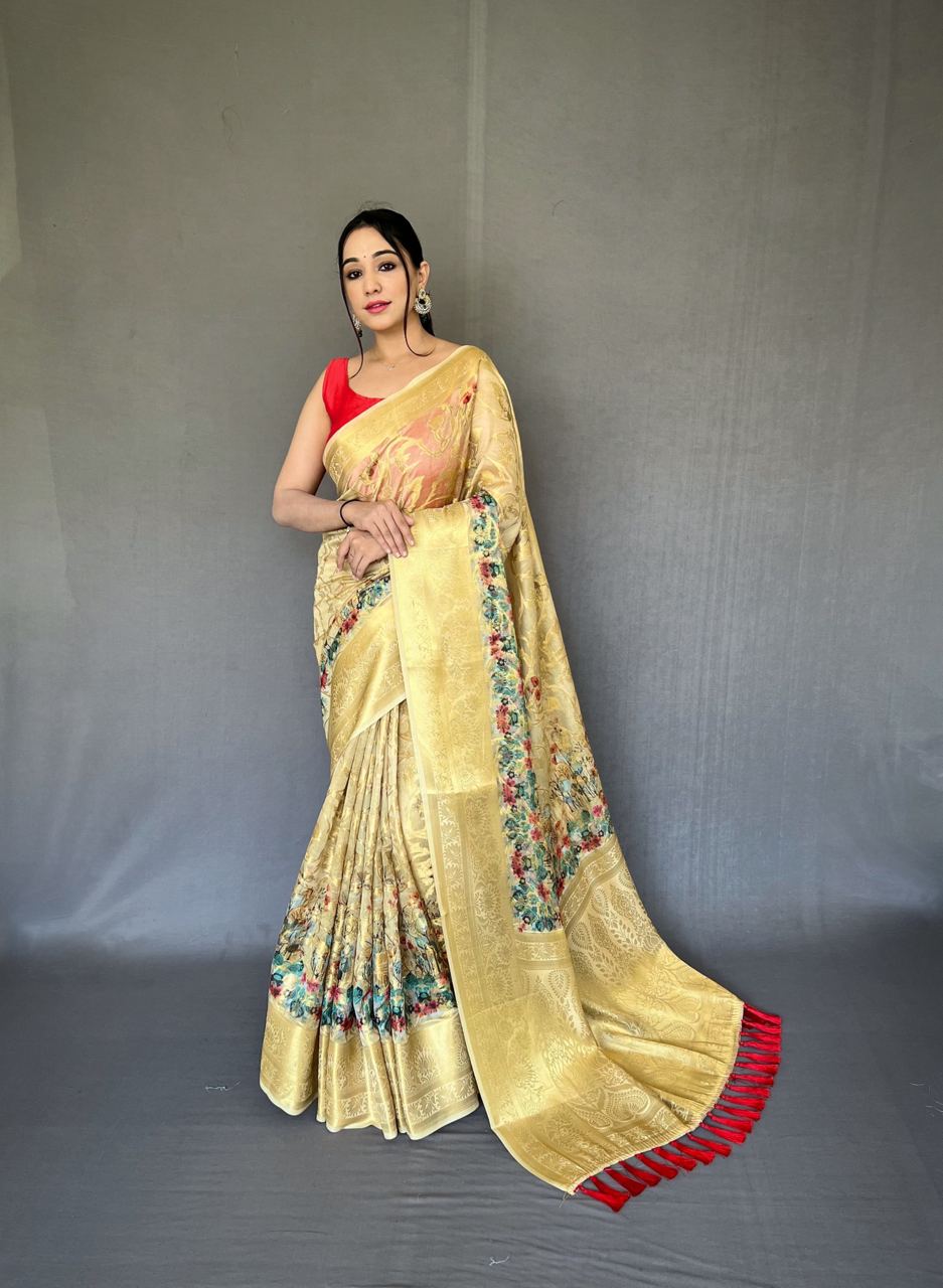 Vsaree Organza Silk Digital Printed Saree With Zari Weaving Border Rich Pallu And Blouse