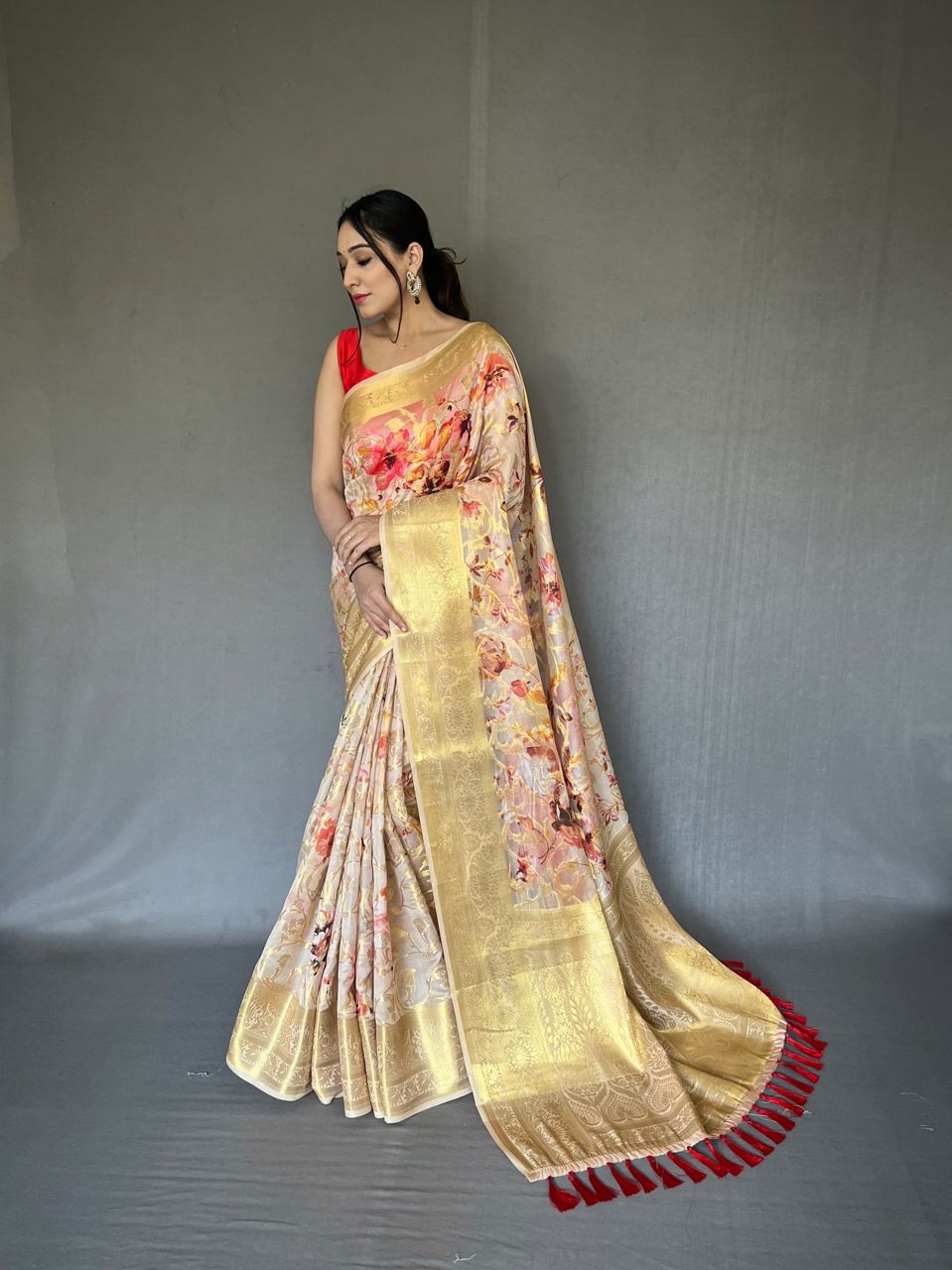 Vsaree Organza Silk Digital Printed Saree With Zari Weaving Border Rich Pallu And Blouse