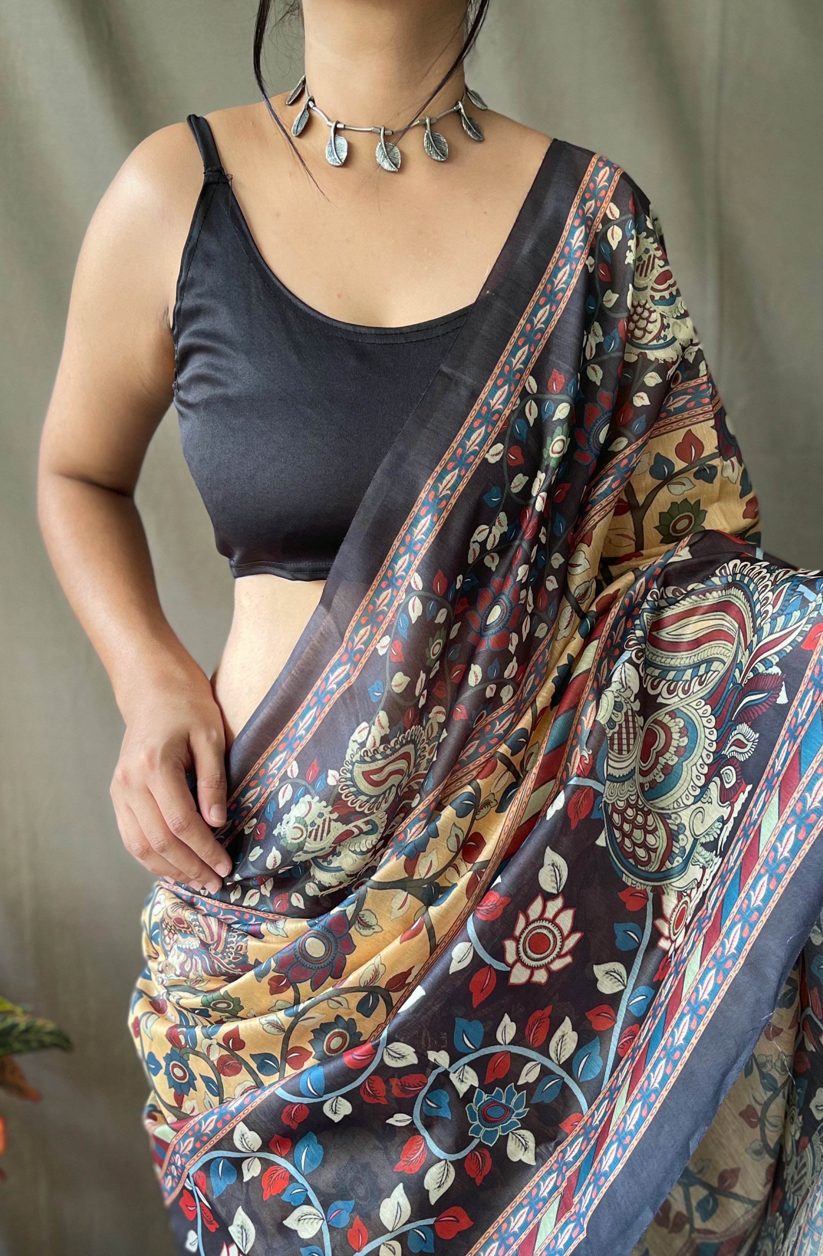 Vsaree Malai Cotton Saree With Kalamkari Prints Zari Weaving Border Rich Pallu And Blouse