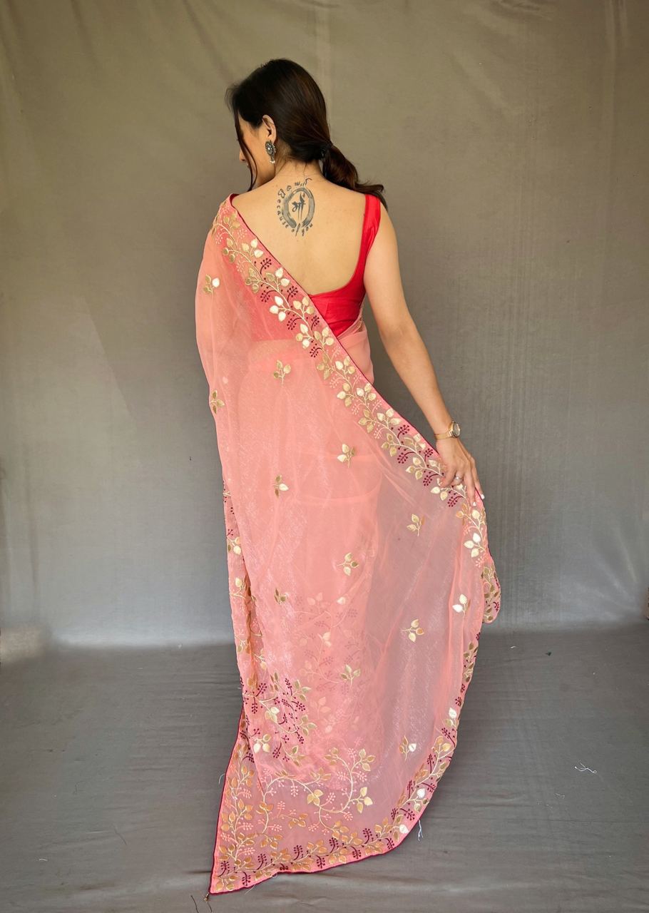 Designer Gotti Patti Work And Golden Zari Weaving Chiffon Silk Saree With Having Rich Pallu