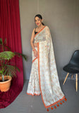 Designer Malai Silk And Katha Printed Zari Weaving Border Saree With Woven Rich Pallu And Blouse