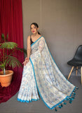 Designer Malai Silk And Katha Printed Zari Weaving Border Saree With Woven Rich Pallu And Blouse