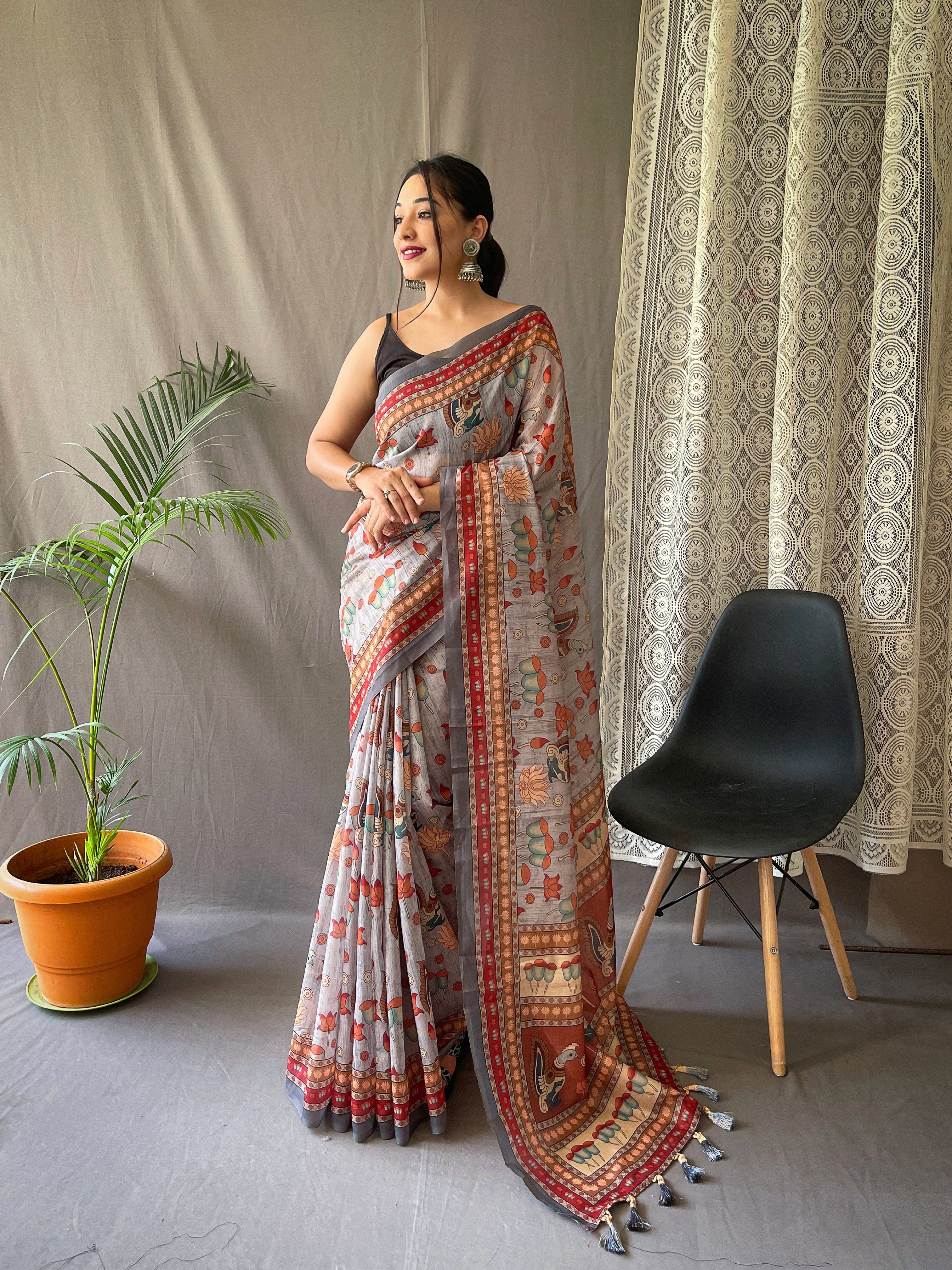 Vsaree Malai Cotton Saree With Kalamkari Prints Zari Weaving Border Rich Pallu And Blouse