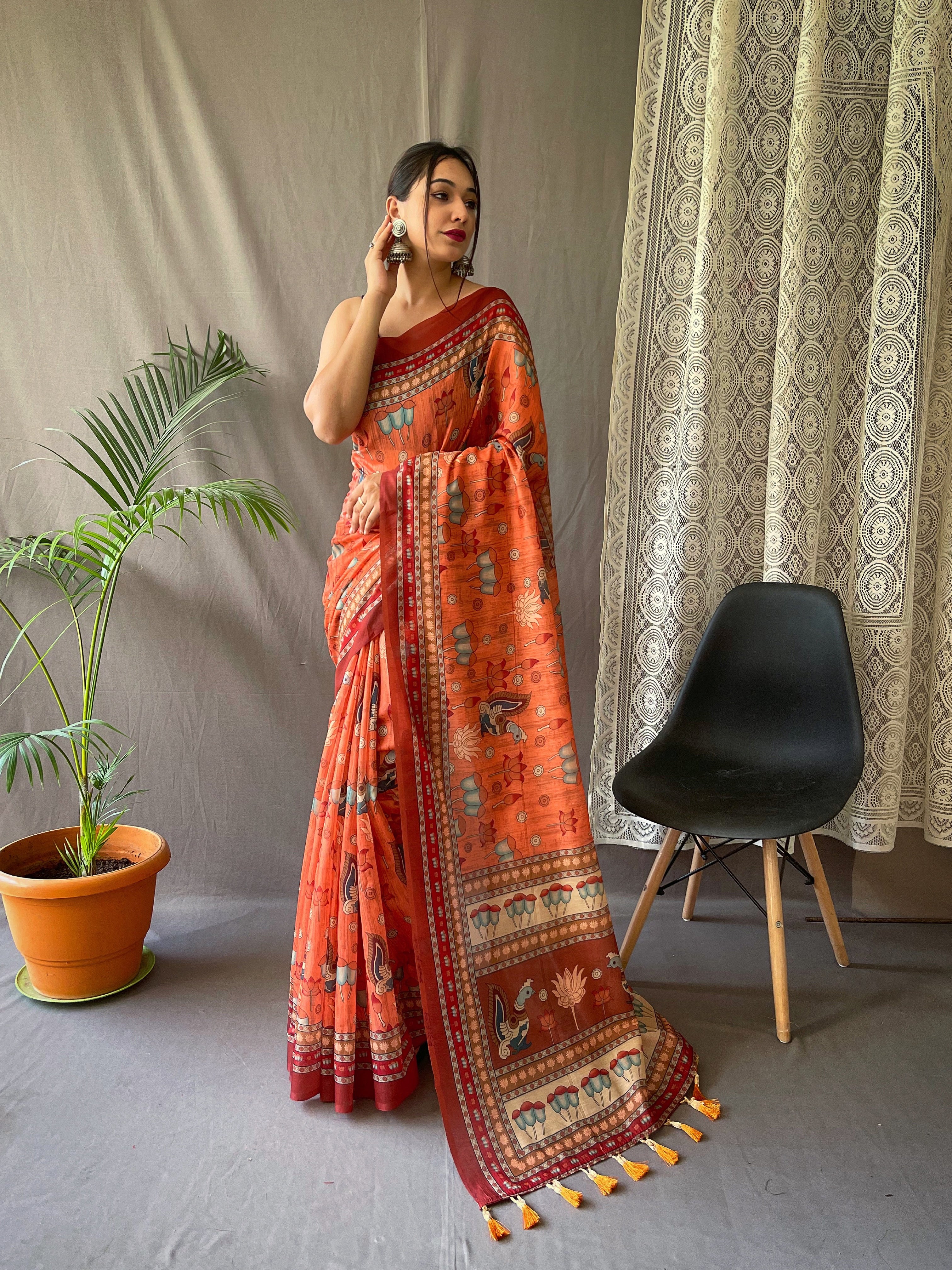 Vsaree Malai Cotton Saree With Kalamkari Prints Zari Weaving Border Rich Pallu And Blouse