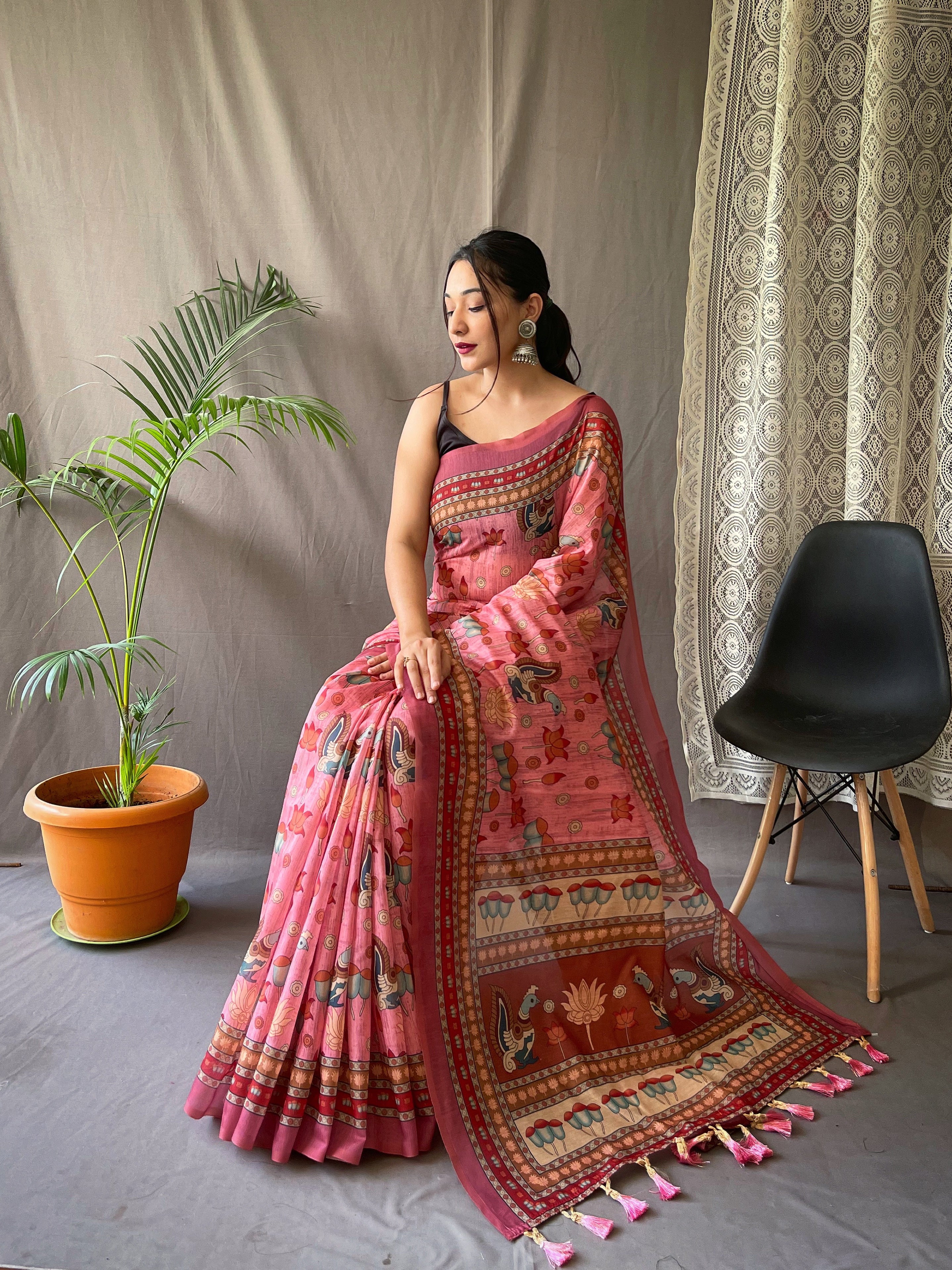 Vsaree Malai Cotton Saree With Kalamkari Prints Zari Weaving Border Rich Pallu And Blouse