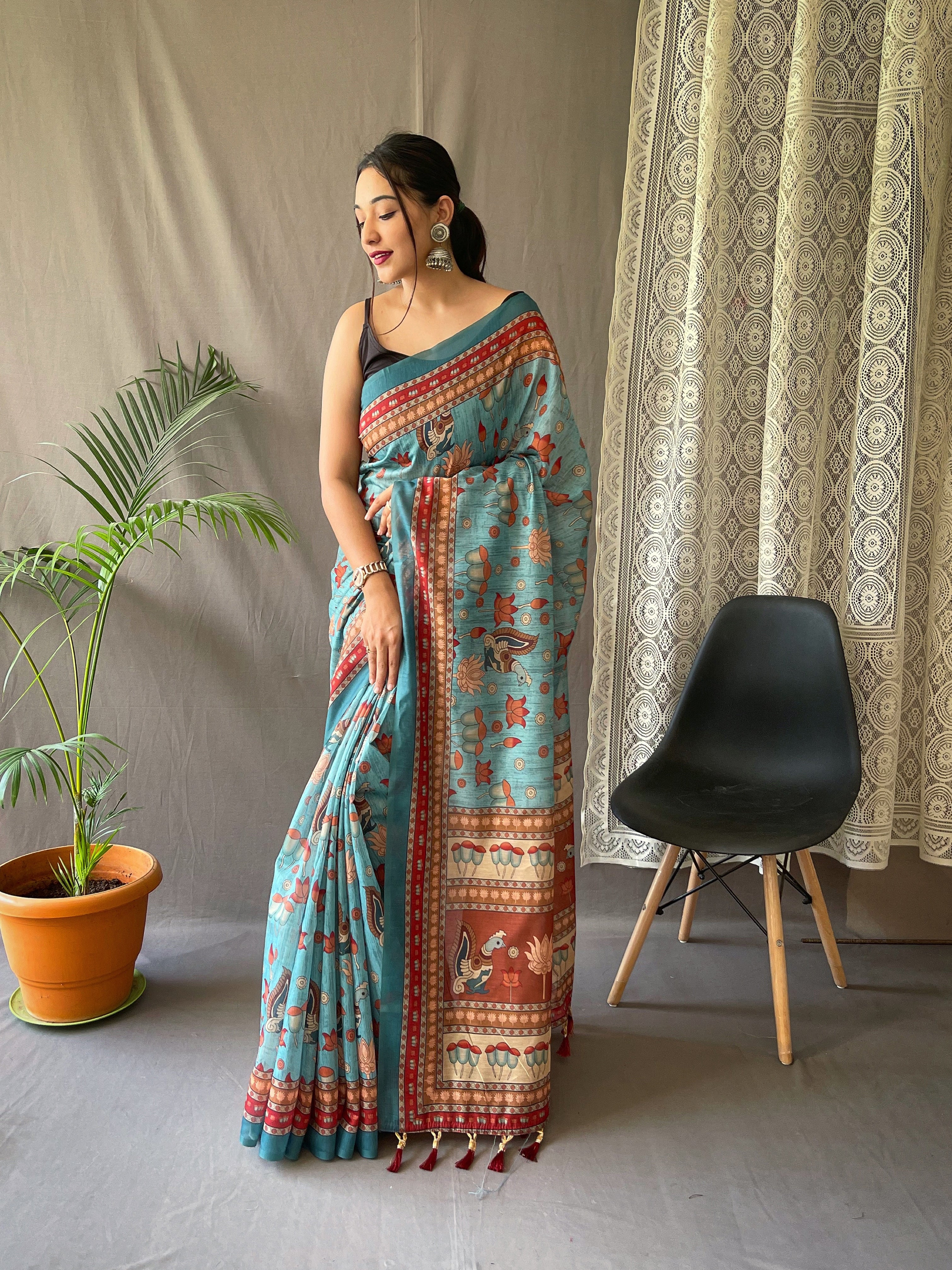 Vsaree Malai Cotton Saree With Kalamkari Prints Zari Weaving Border Rich Pallu And Blouse