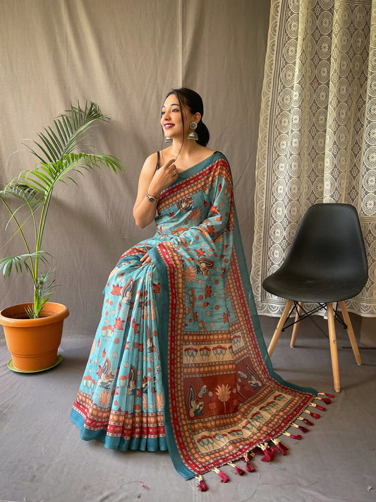 Vsaree Malai Cotton Saree With Kalamkari Prints Zari Weaving Border Rich Pallu And Blouse