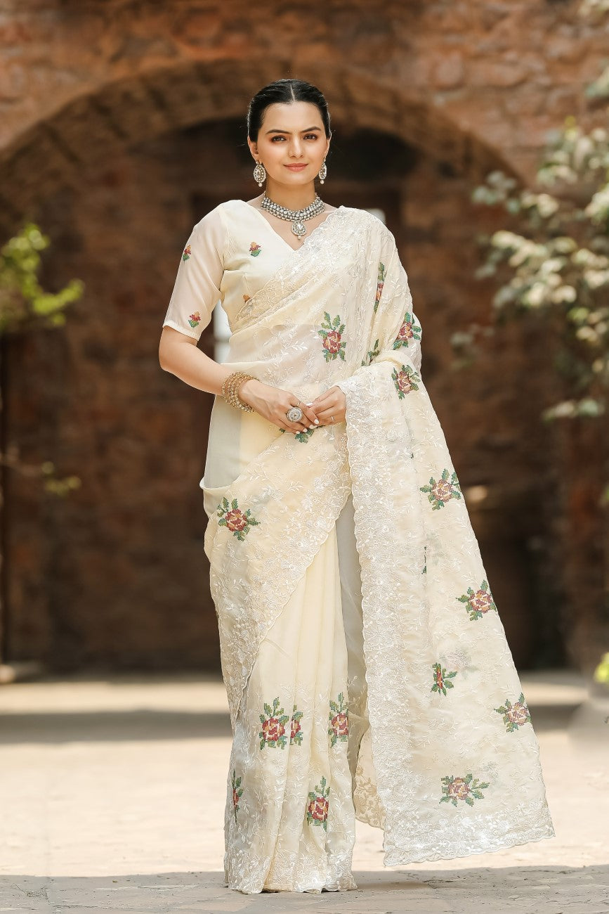 Vsaree Moss Chiffon Silk Print With Foil Border & Pallu Saree With Blouse For Women