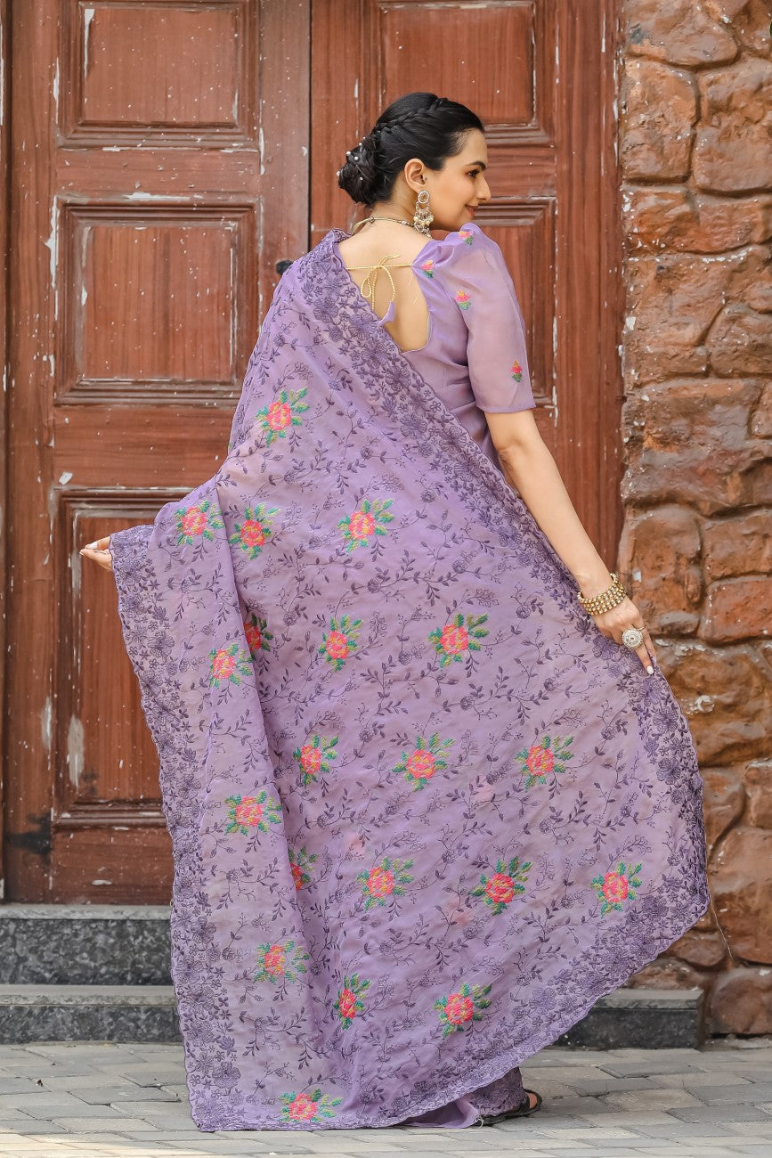 Vsaree Moss Chiffon Silk Print With Foil Border & Pallu Saree With Blouse For Women