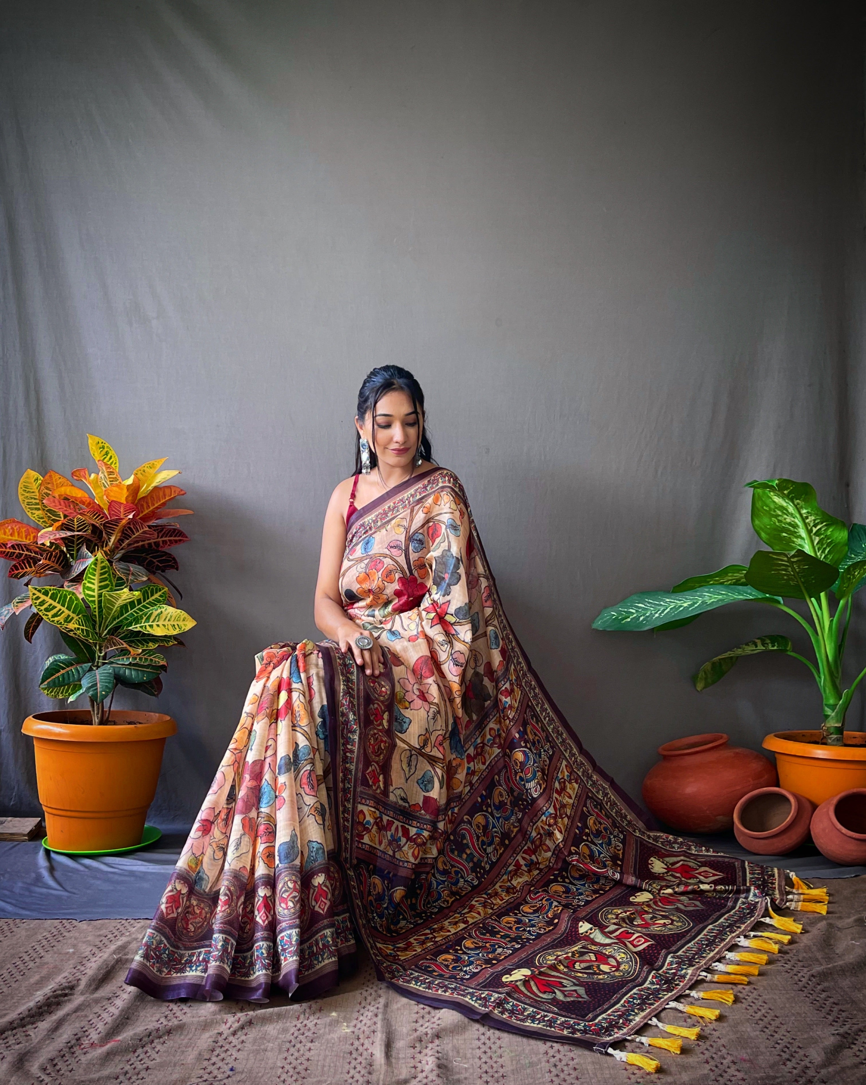 Vsaree Cotton Saree With Kalamkari Prints Zari Weaving Border Rich Pallu And Blouse