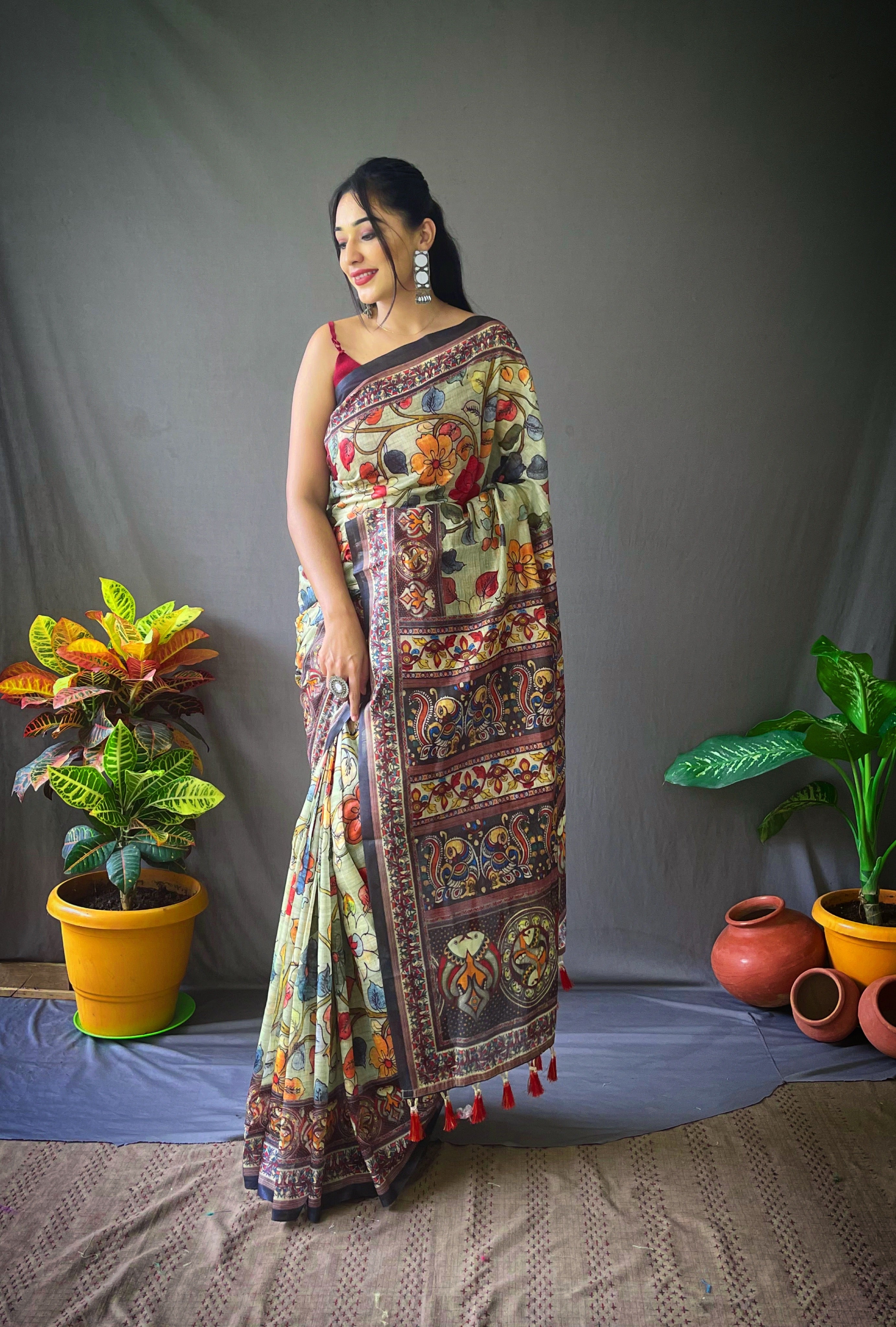 Vsaree Cotton Saree With Kalamkari Prints Zari Weaving Border Rich Pallu And Blouse