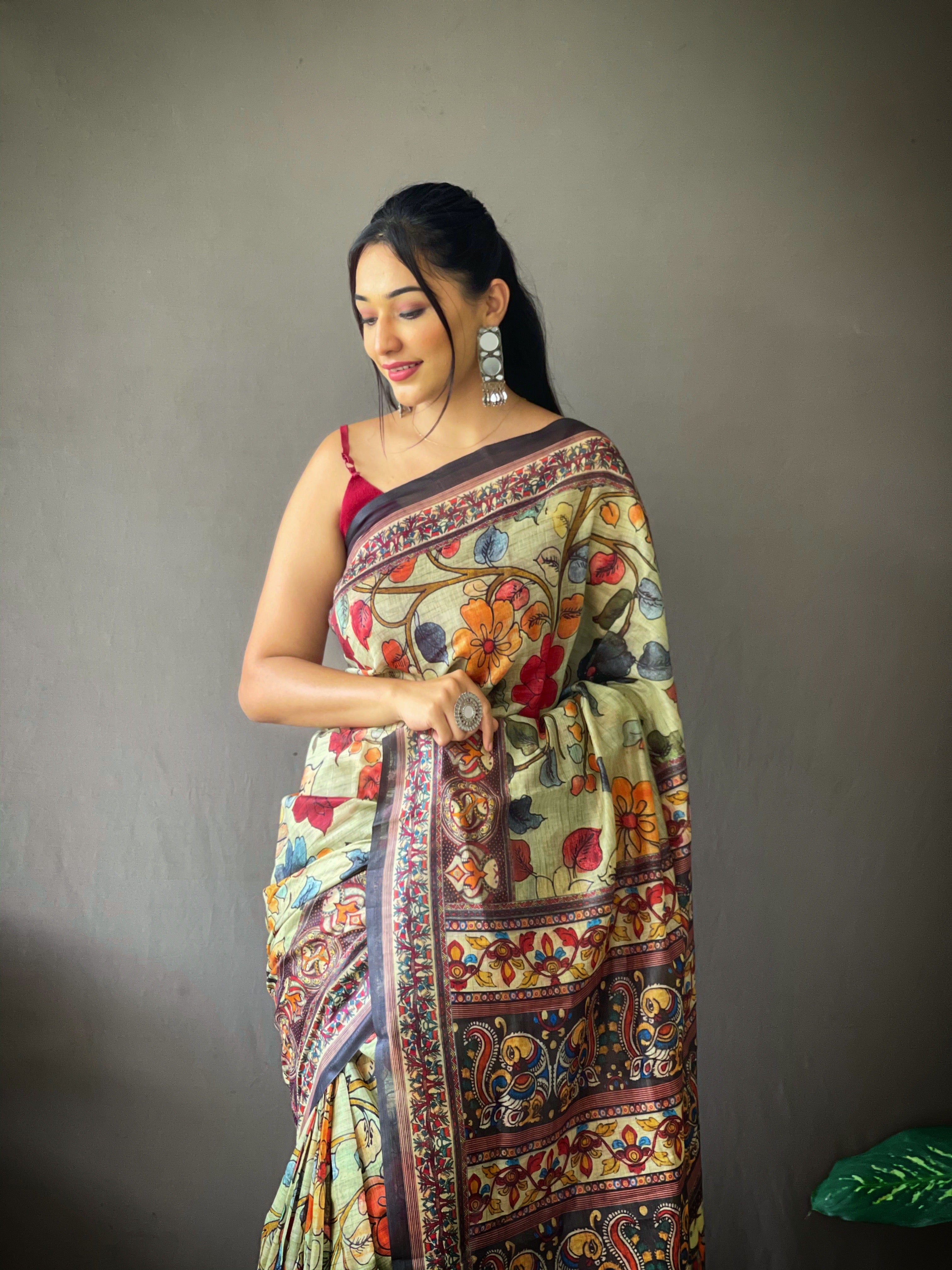 Vsaree Cotton Saree With Kalamkari Prints Zari Weaving Border Rich Pallu And Blouse