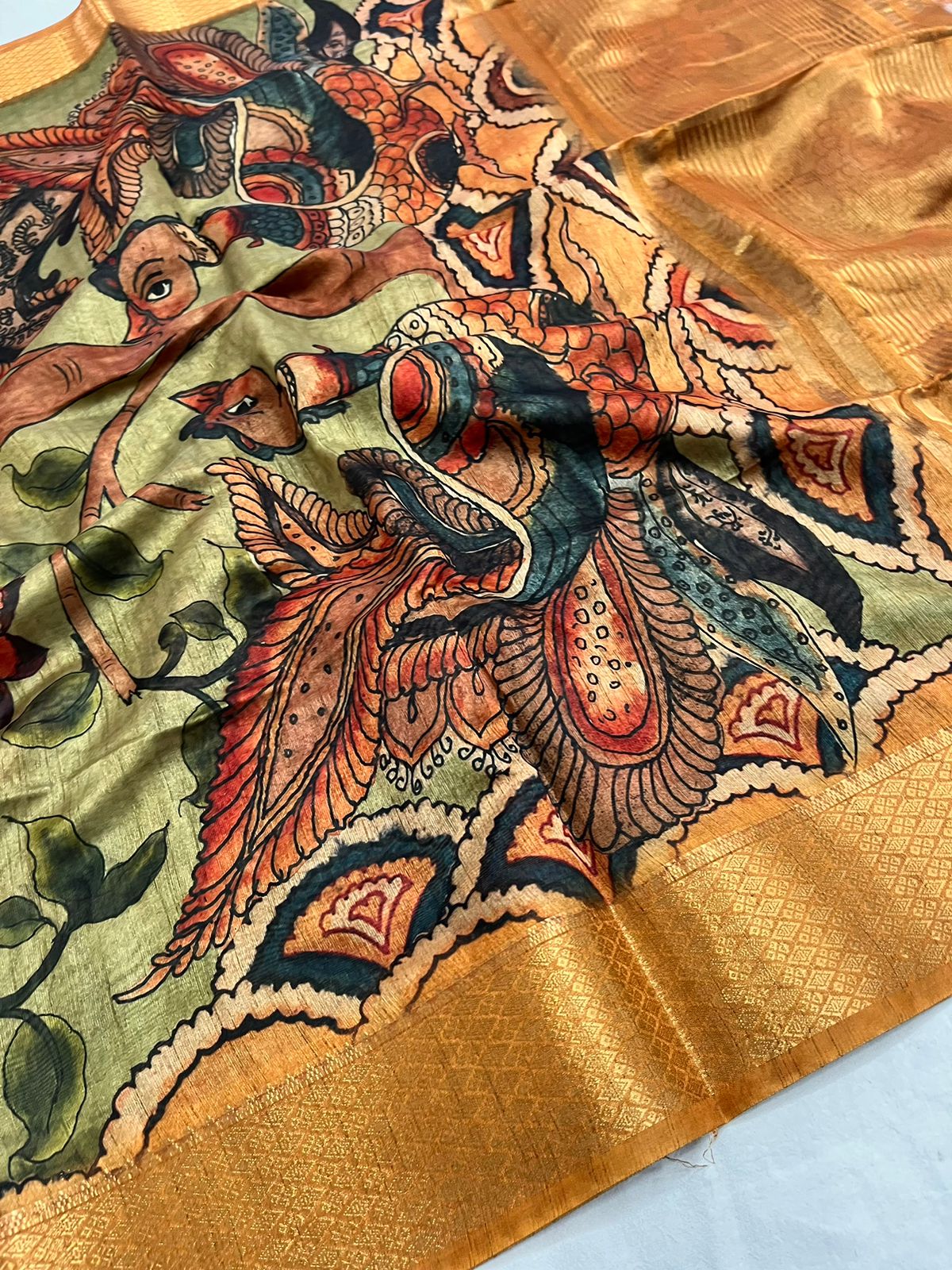 Vsaree Tussar Silk Kalamkari Border And Zari Weaving Rich Pallu With Blouse