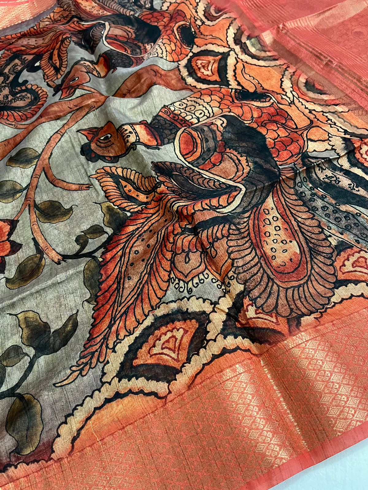 Vsaree Tussar Silk Kalamkari Border And Zari Weaving Rich Pallu With Blouse