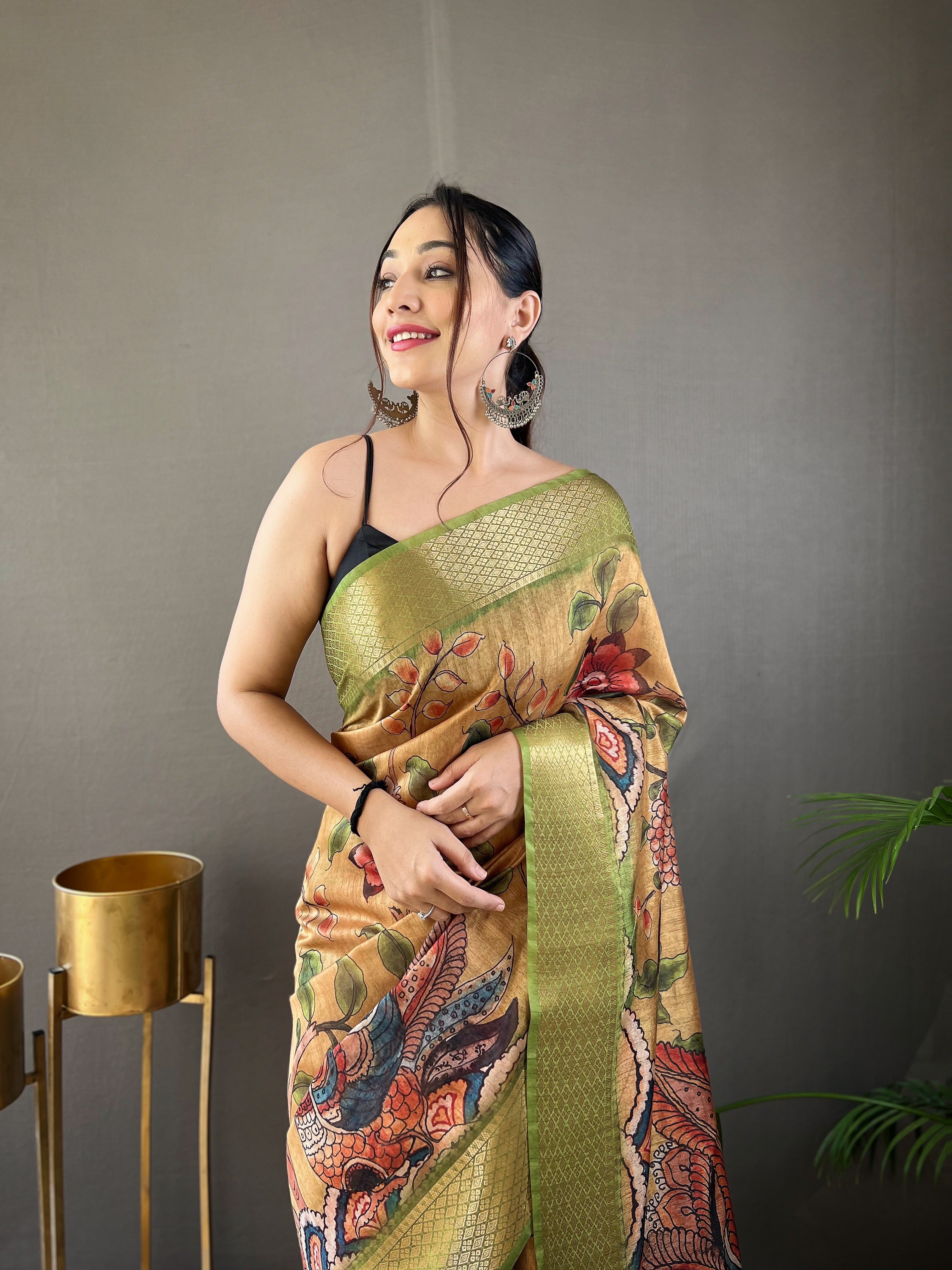 Vsaree Tussar Silk Kalamkari Border And Zari Weaving Rich Pallu With Blouse