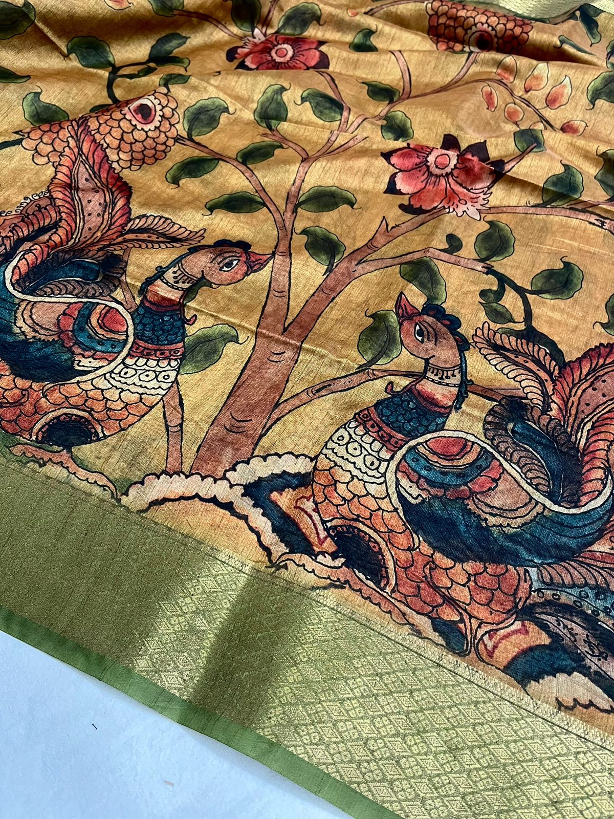 Vsaree Tussar Silk Kalamkari Border And Zari Weaving Rich Pallu With Blouse