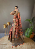 Vsaree Tussar Silk Kalamkari Border And Zari Weaving Rich Pallu With Blouse