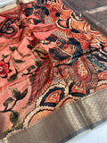 Vsaree Tussar Silk Kalamkari Border And Zari Weaving Rich Pallu With Blouse