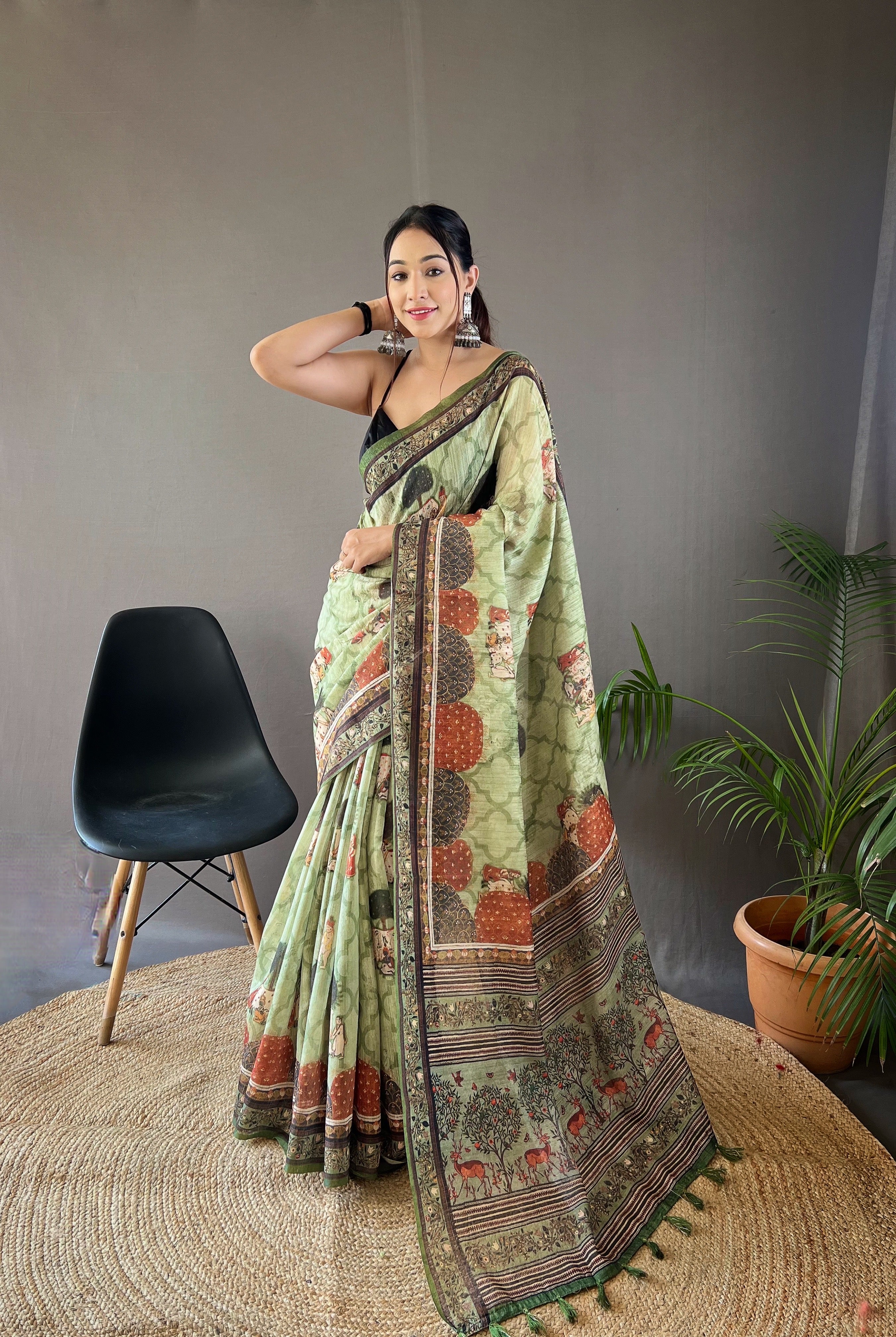 Vsaree Tussar Silk Kalamkari Border And Zari Weaving Rich Pallu With Blouse