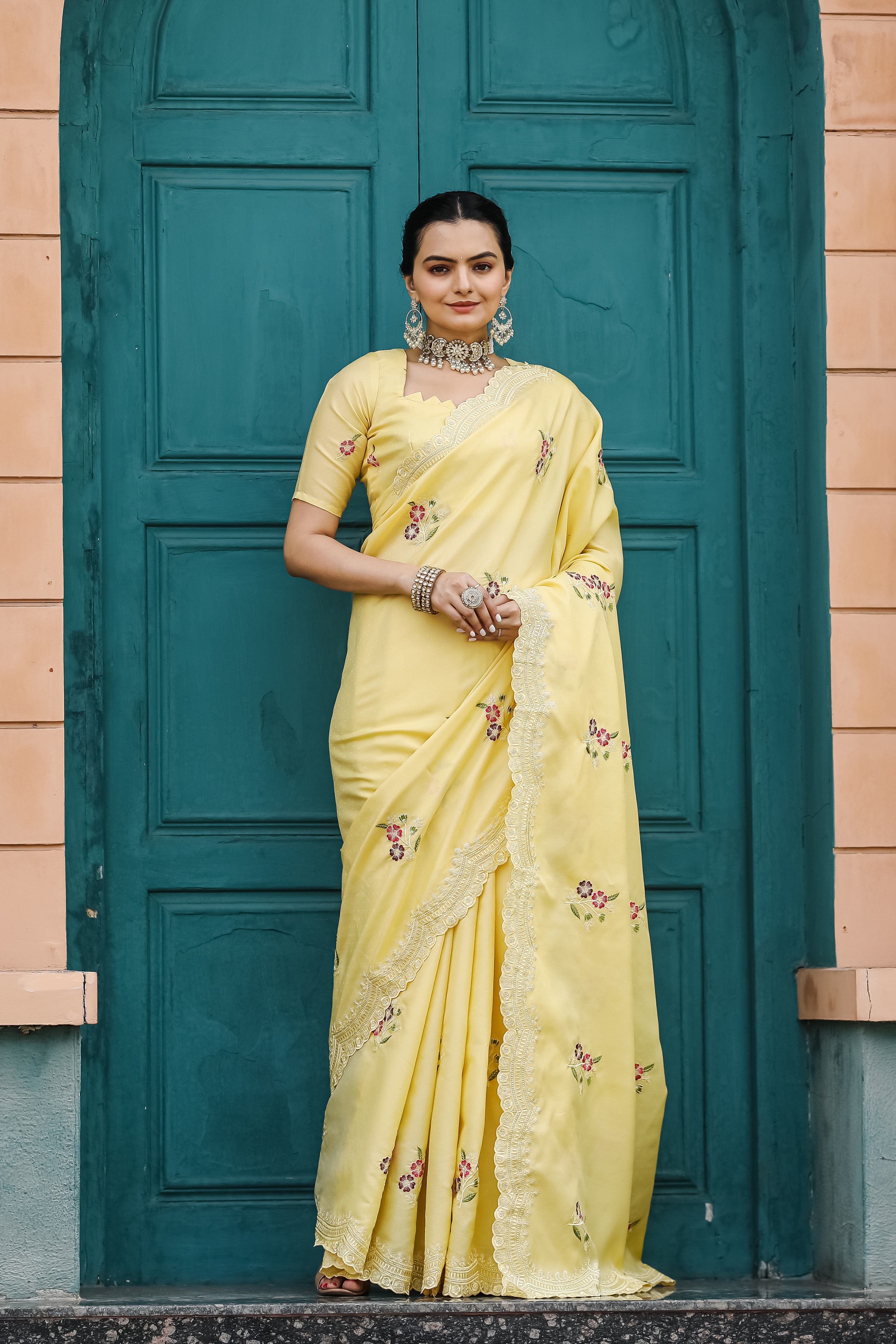 Vsaree Tussar Cotton Embroidered Border With Embroidered Work With Blouse And Rich Pallu