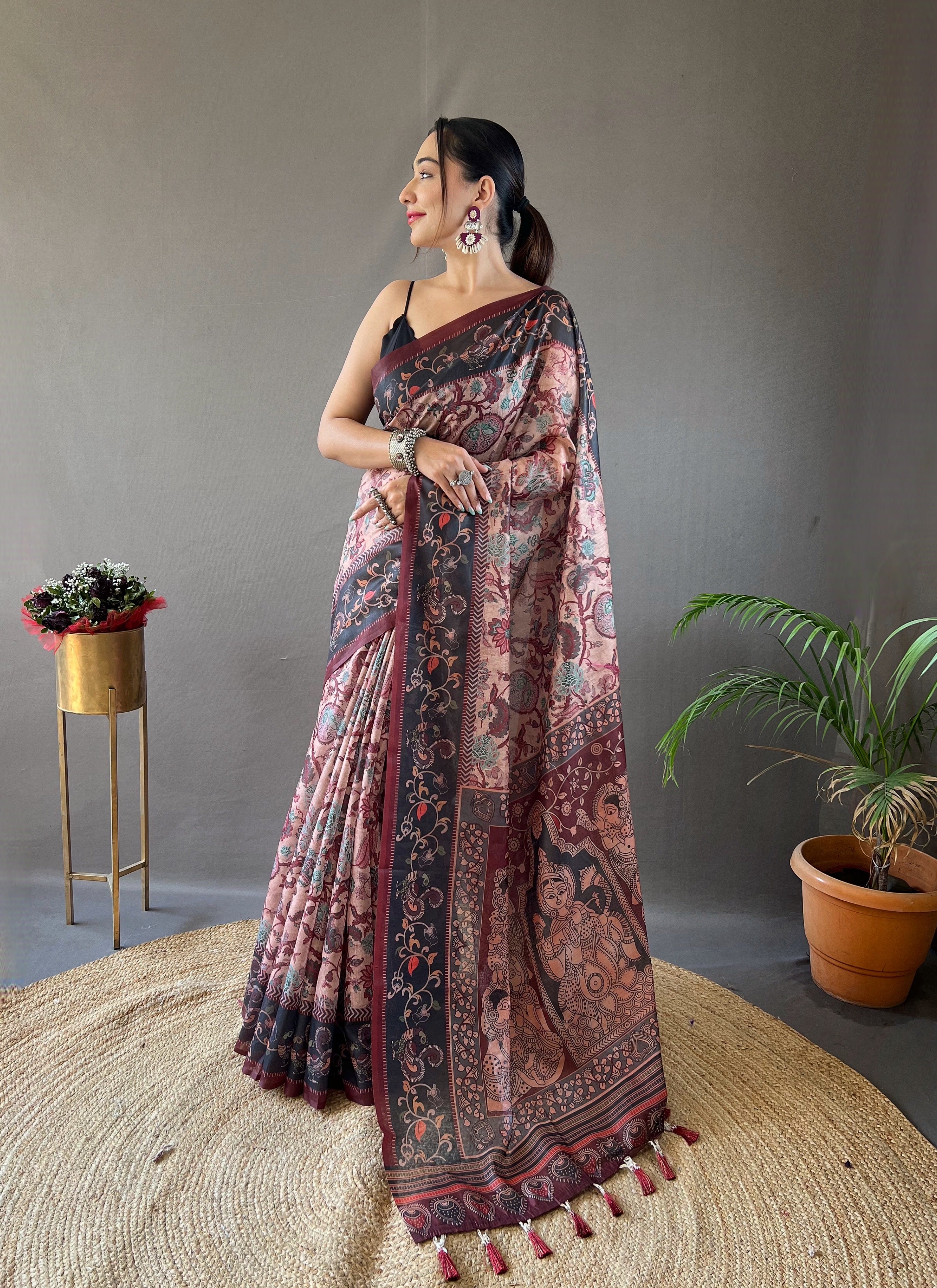 Vsaree Cotton Saree With Kalamkari Prints Zari Weaving Border Rich Pallu And Blouse