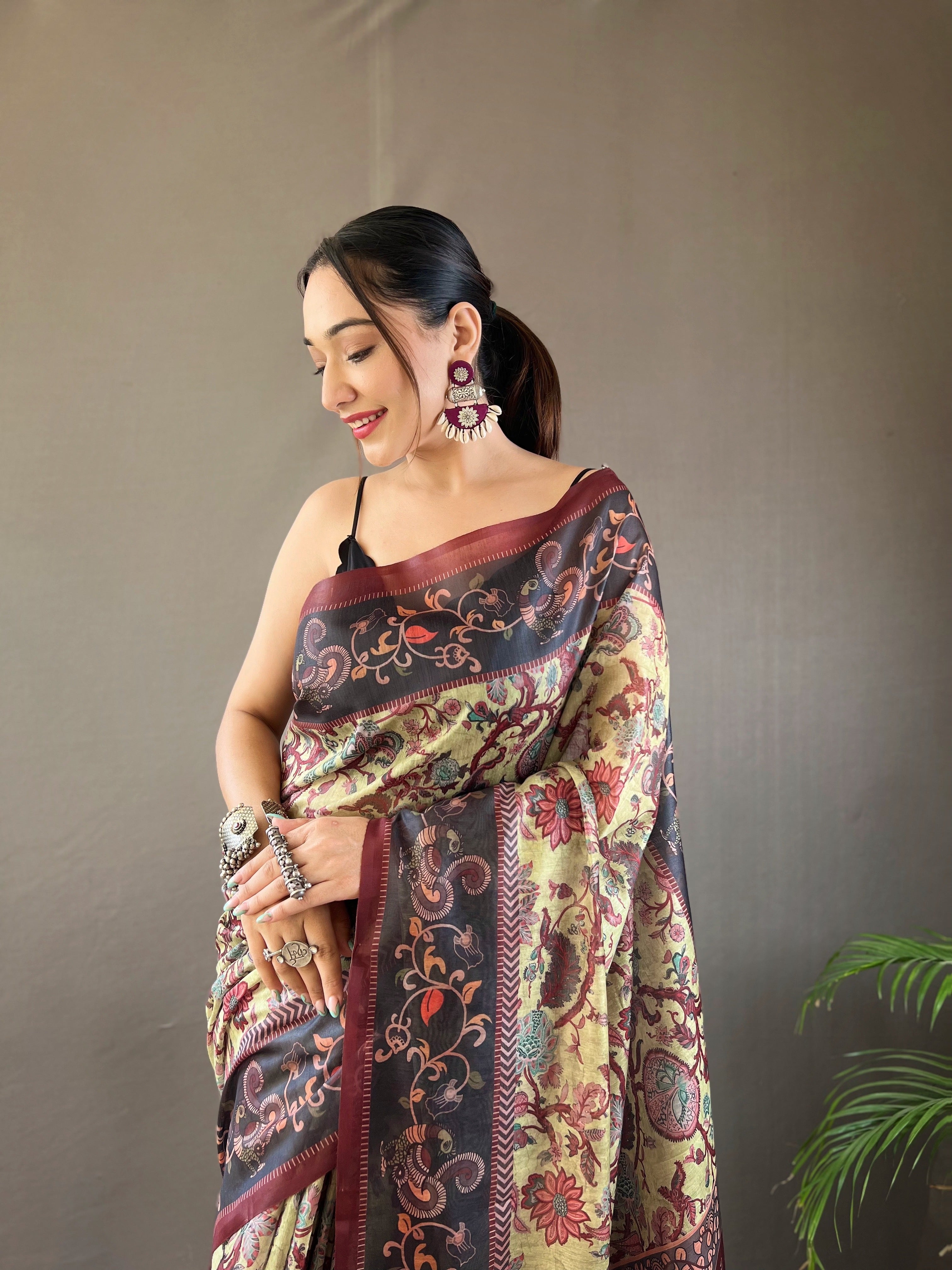 Vsaree Cotton Saree With Kalamkari Prints Zari Weaving Border Rich Pallu And Blouse