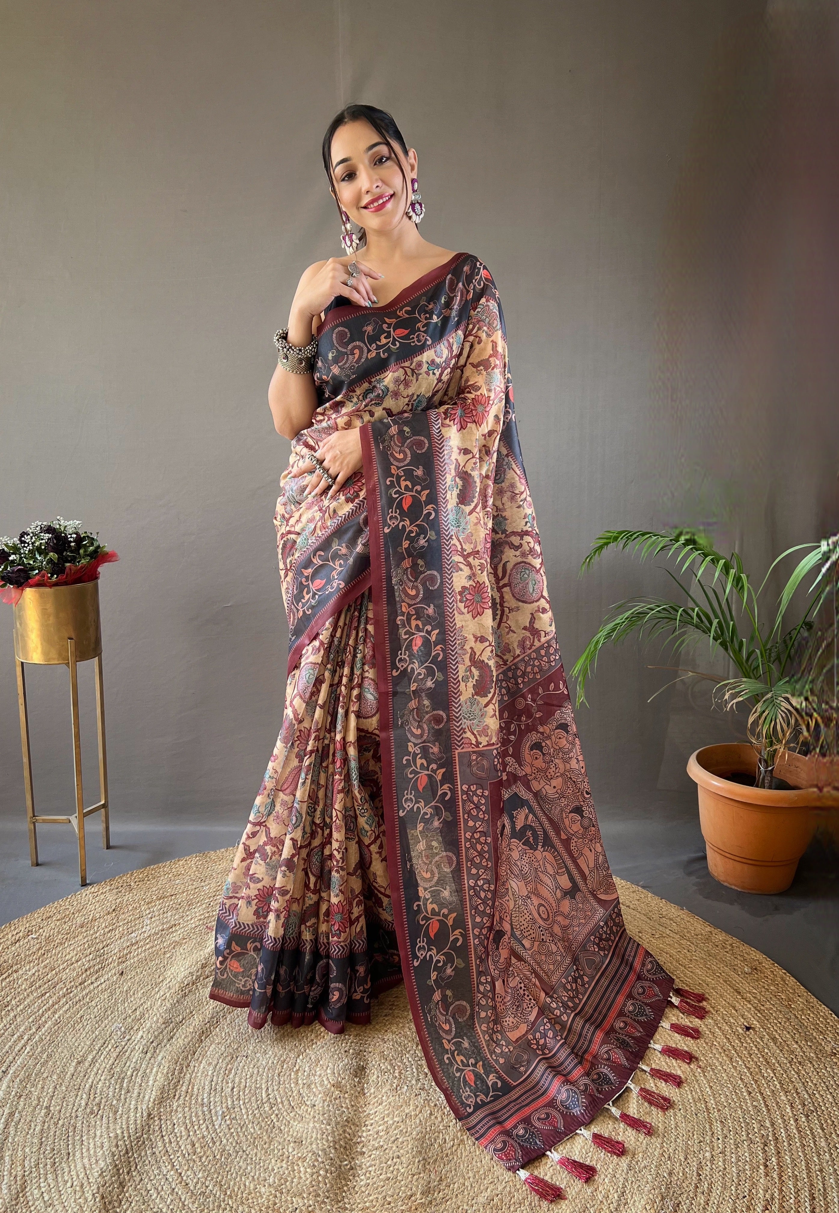 Vsaree Cotton Saree With Kalamkari Prints Zari Weaving Border Rich Pallu And Blouse