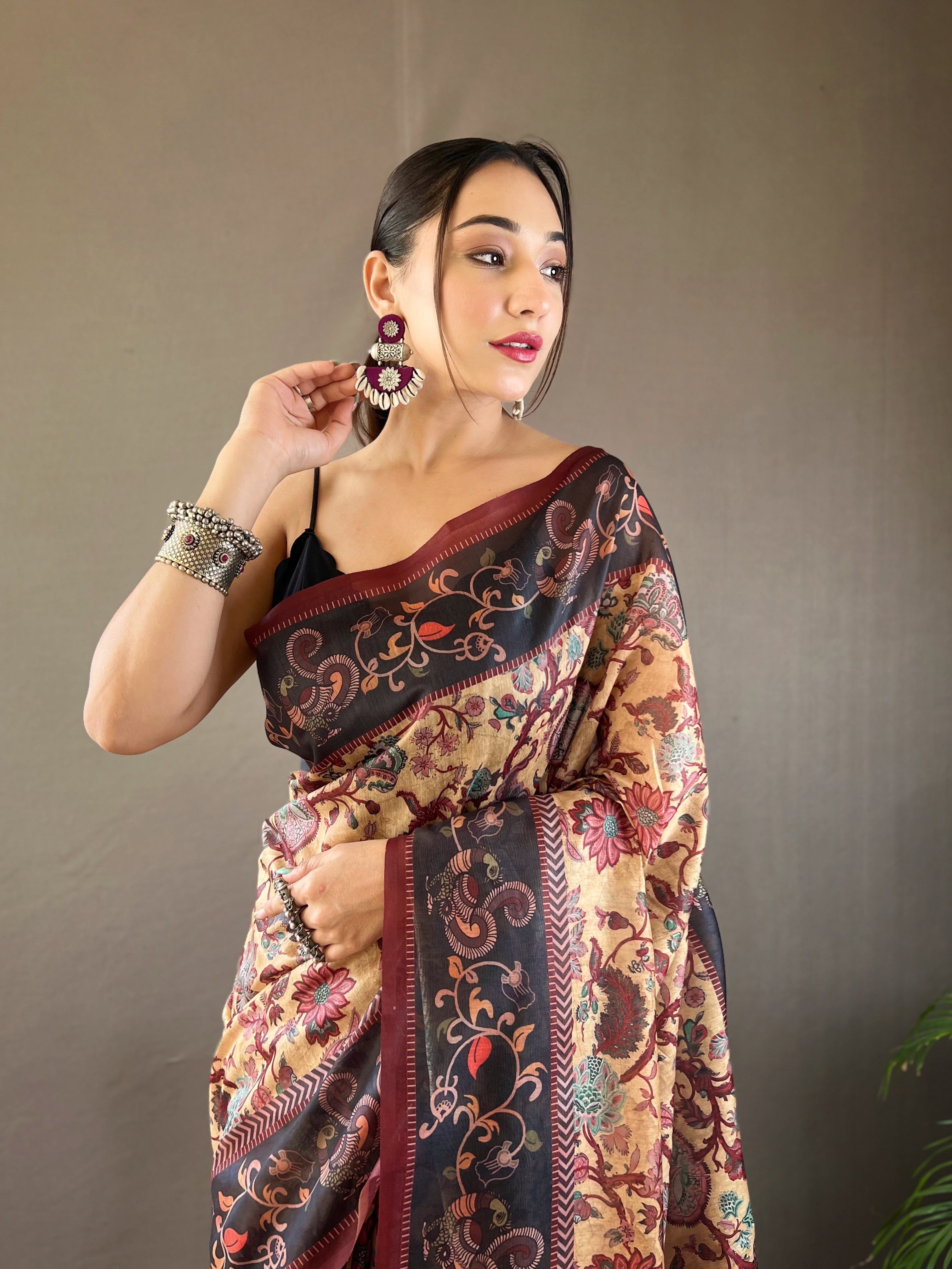 Vsaree Cotton Saree With Kalamkari Prints Zari Weaving Border Rich Pallu And Blouse