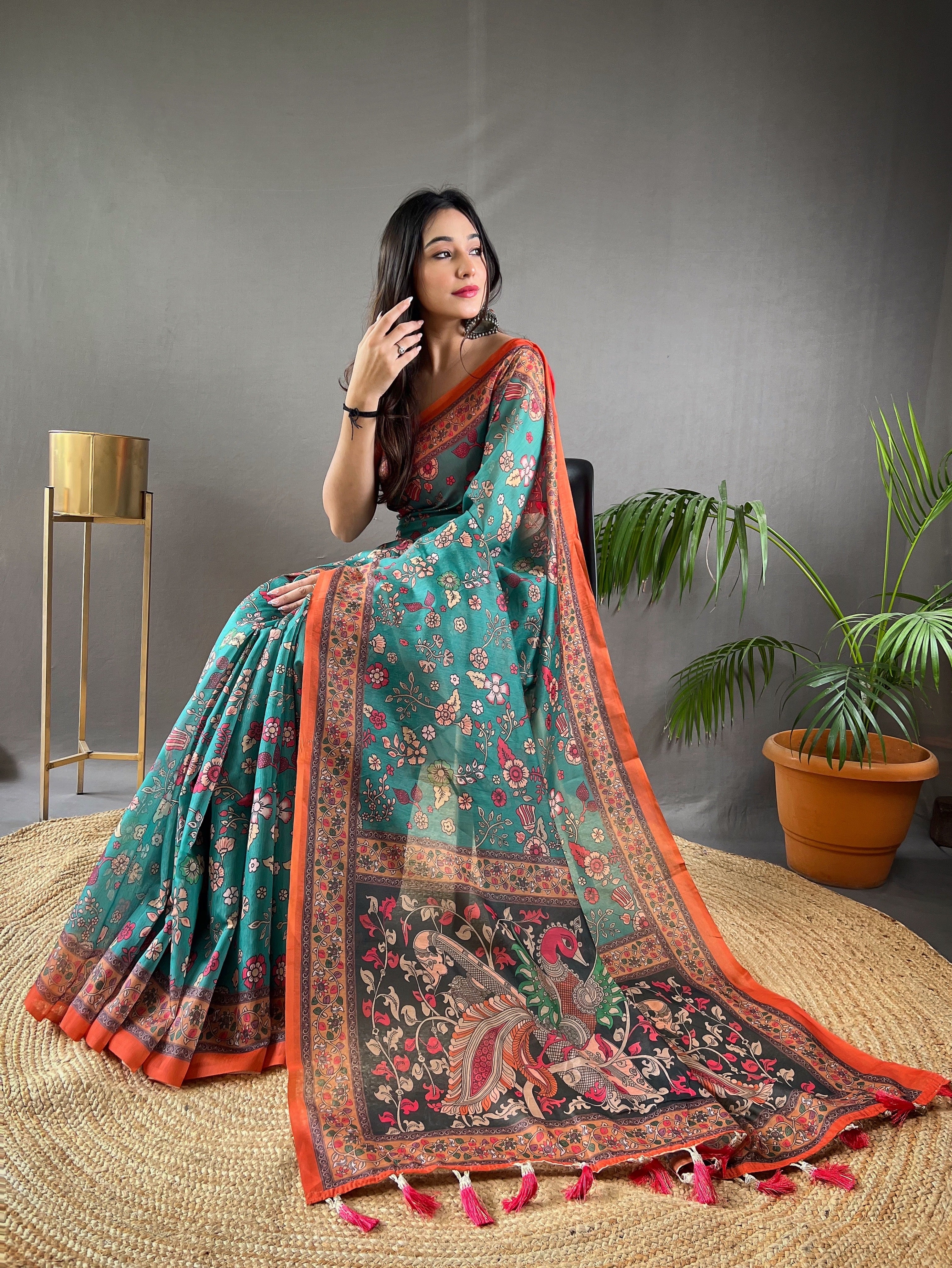 Vsaree Malai Cotton Saree With Kalamkari Prints Zari Weaving Border Rich Pallu And Blouse