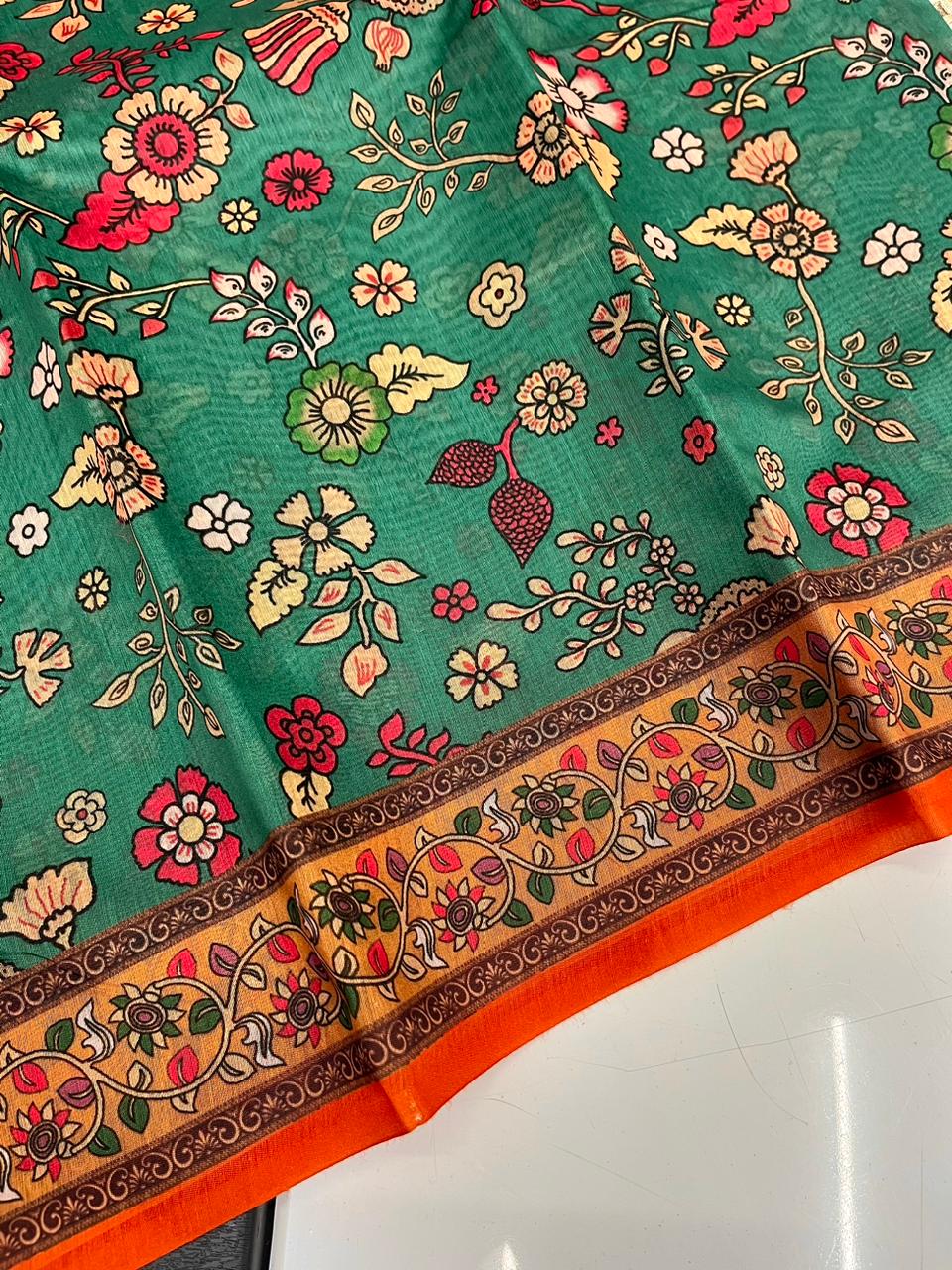 Vsaree Malai Cotton Saree With Kalamkari Prints Zari Weaving Border Rich Pallu And Blouse