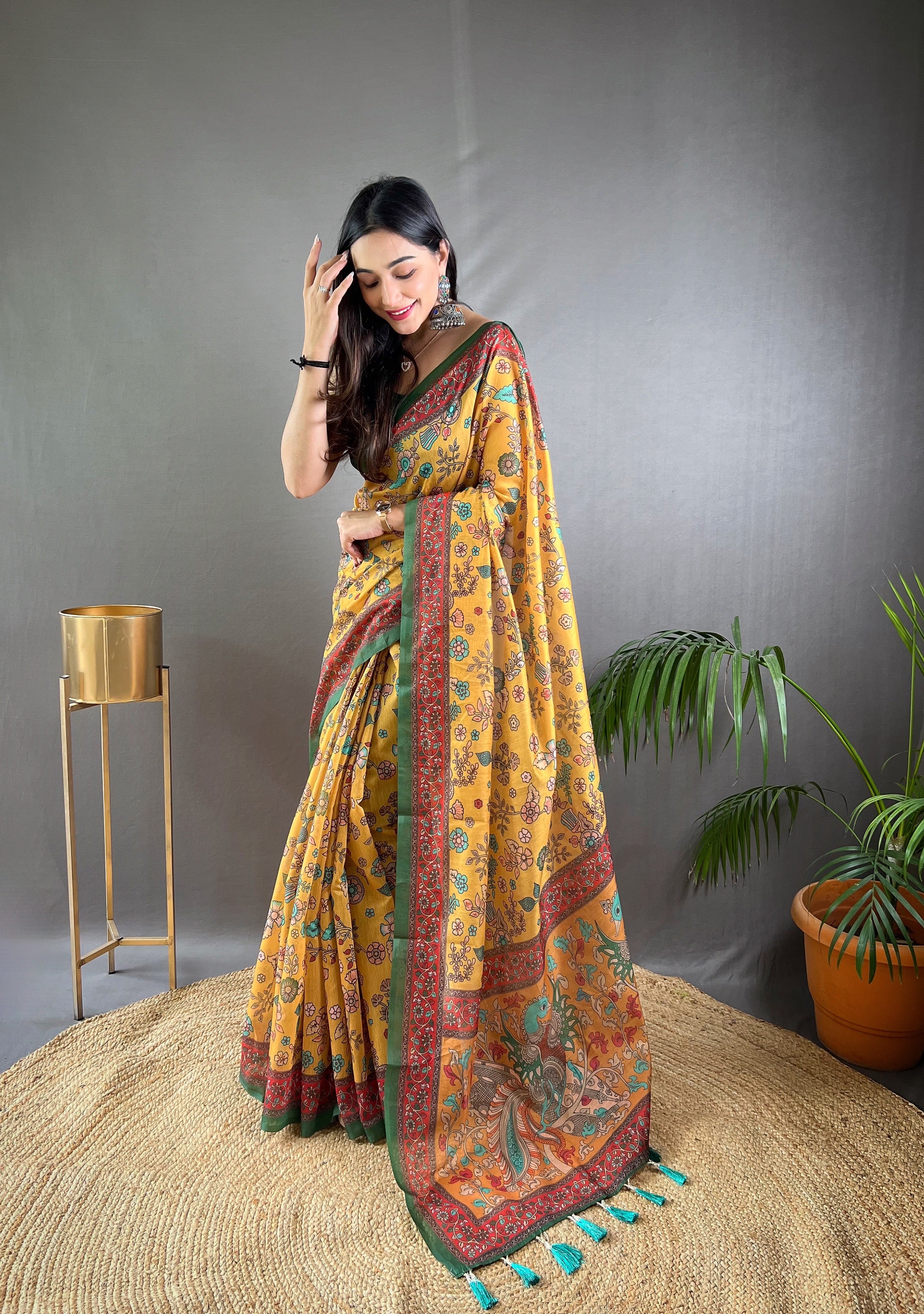 Vsaree Malai Cotton Saree With Kalamkari Prints Zari Weaving Border Rich Pallu And Blouse