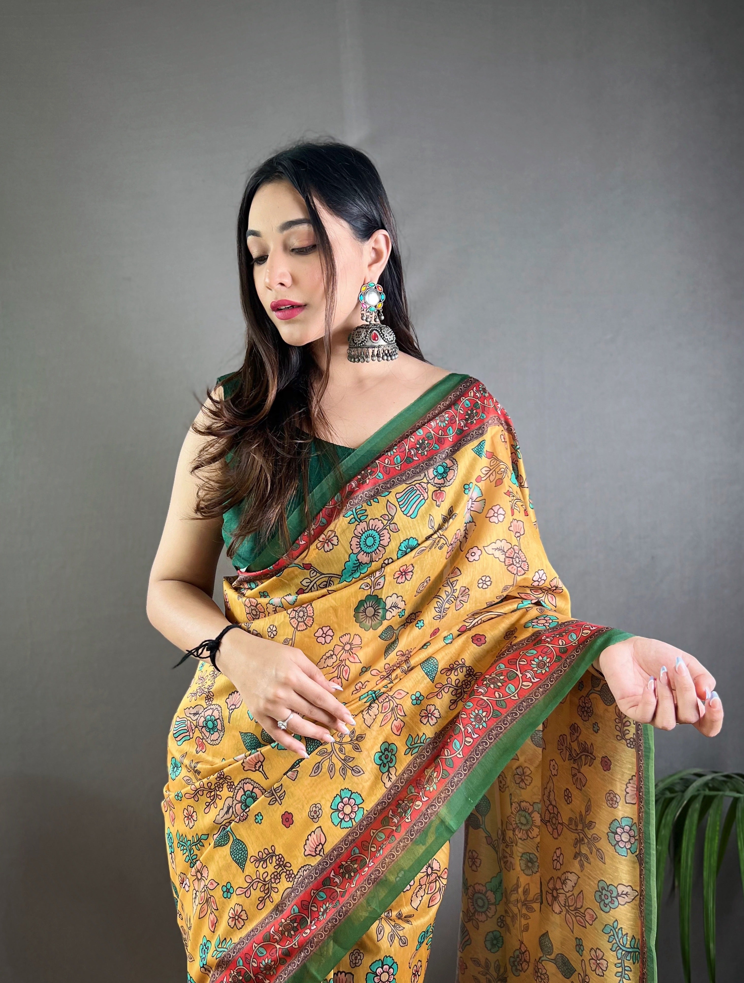 Vsaree Malai Cotton Saree With Kalamkari Prints Zari Weaving Border Rich Pallu And Blouse