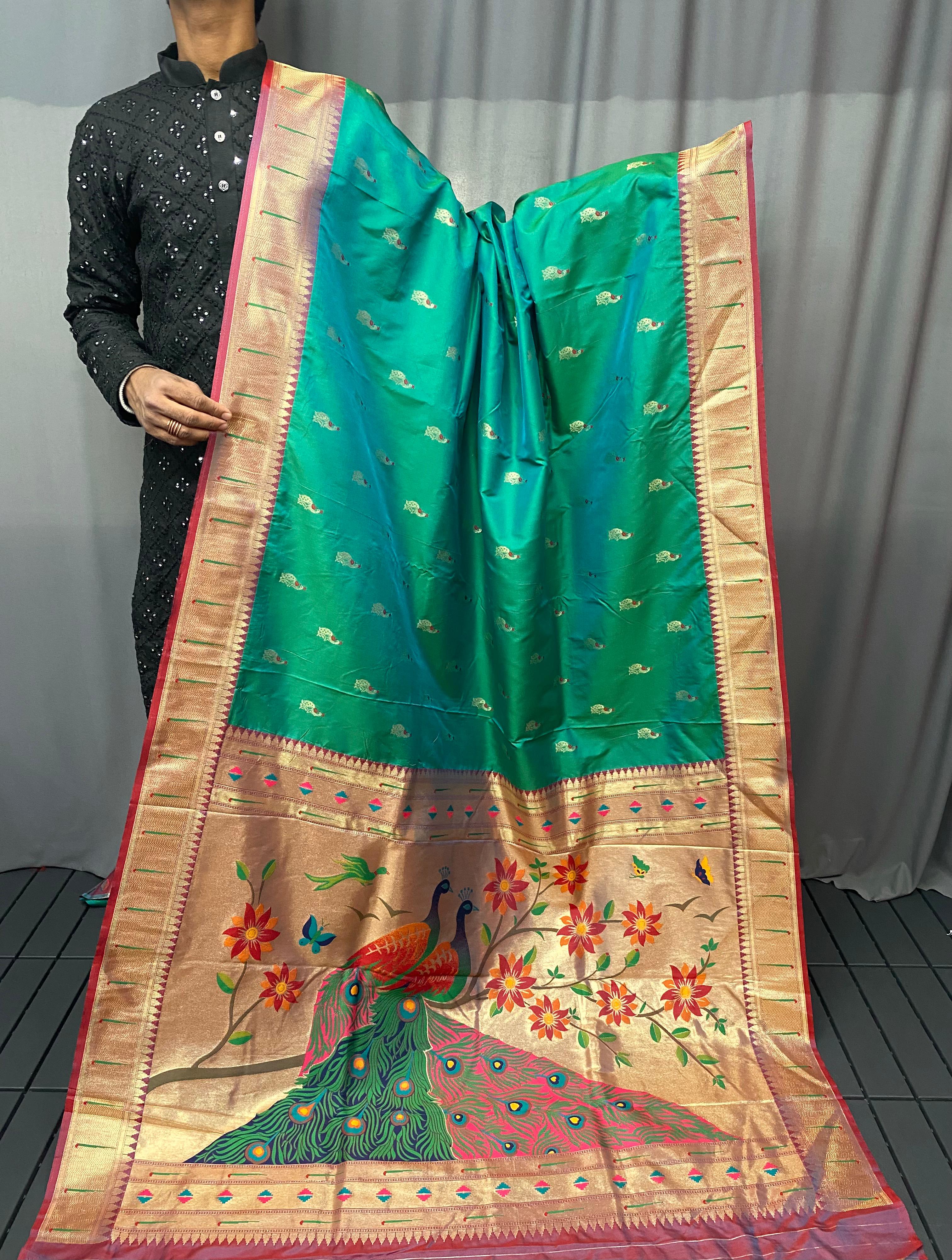 Vsaree Paithani Silk Flower Border And Zari Weaving Rich Pallu With Blouse