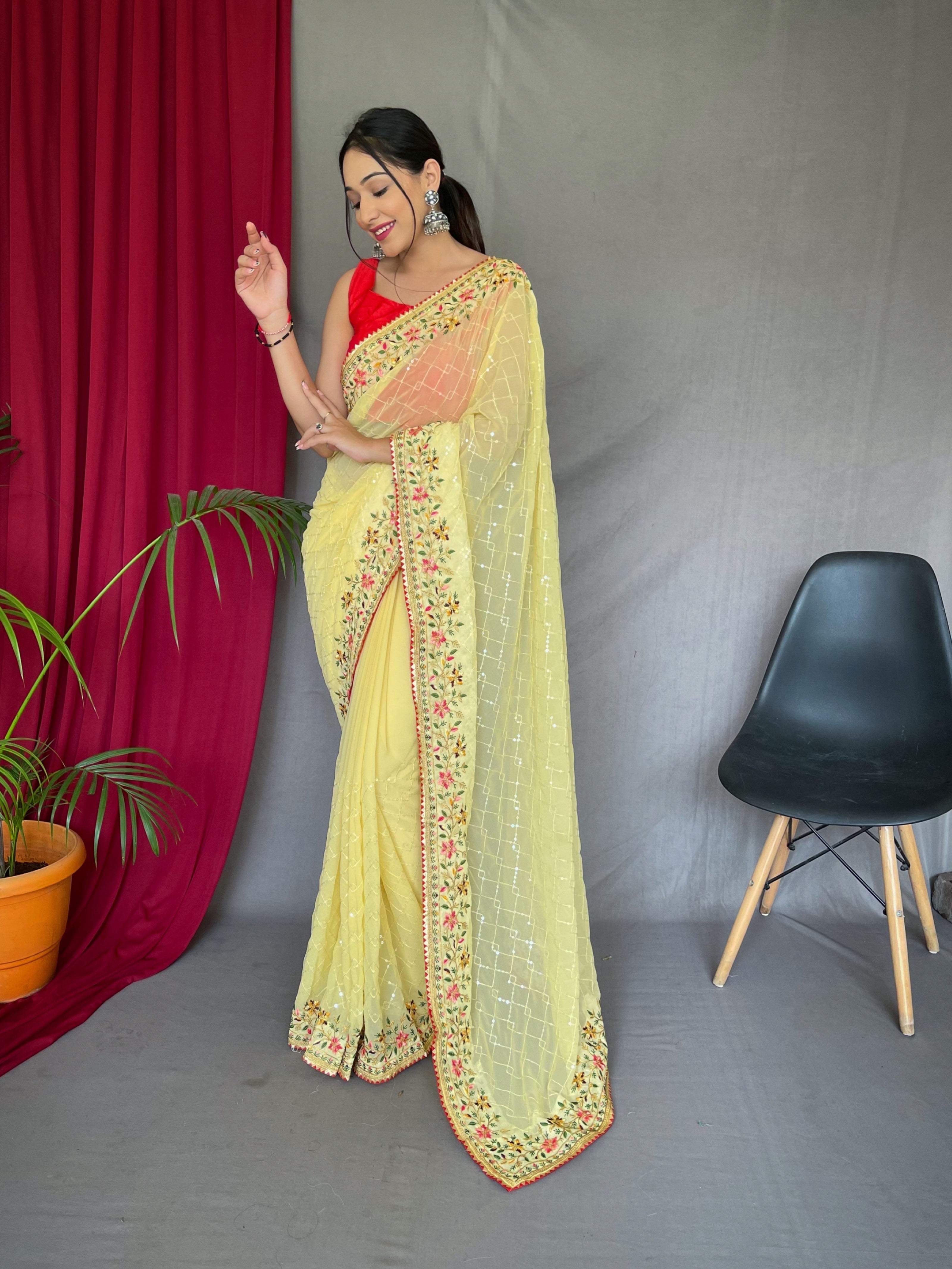 Vsaree Embroidery And Sequence Work Soft Silk Saree And Printed Pallu With Blouse