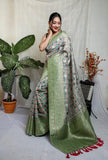 Vsaree Mushroom Silk Silver Weaving Digital Printed Borders And Rich Pallu With Blouse