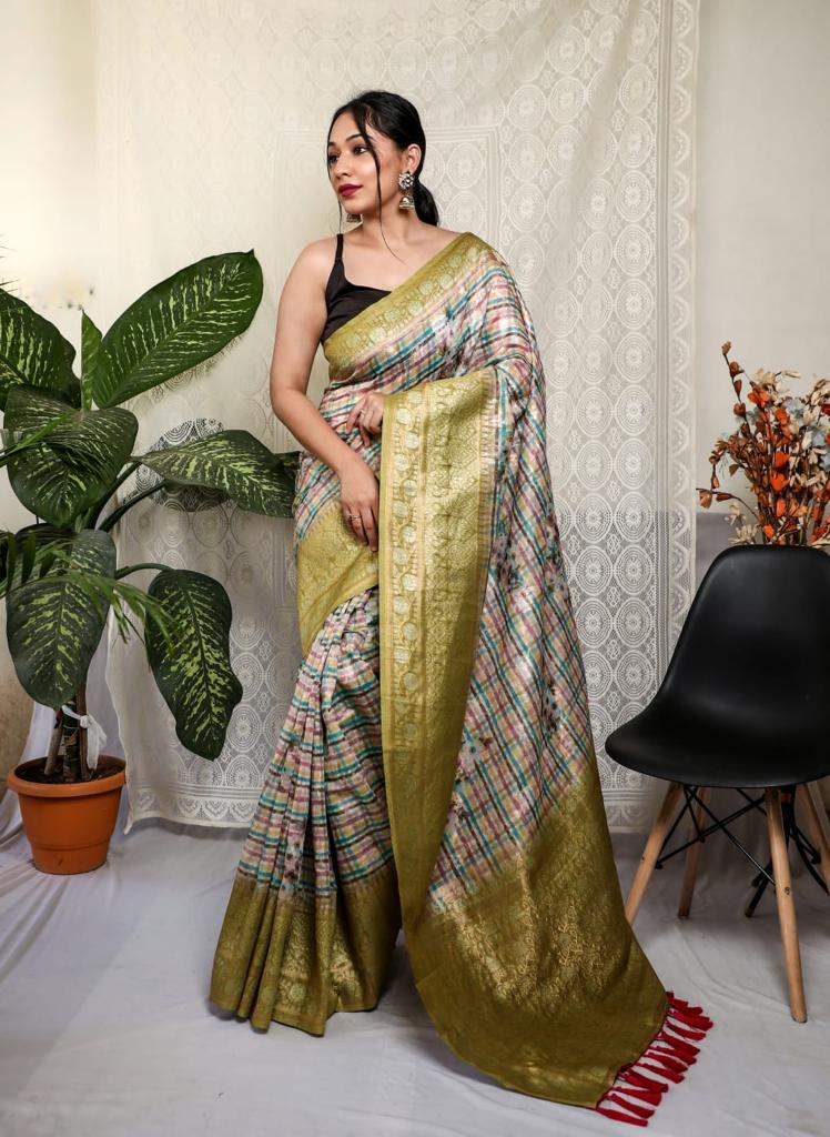 Vsaree Mushroom Silk Silver Weaving Digital Printed Borders And Rich Pallu With Blouse