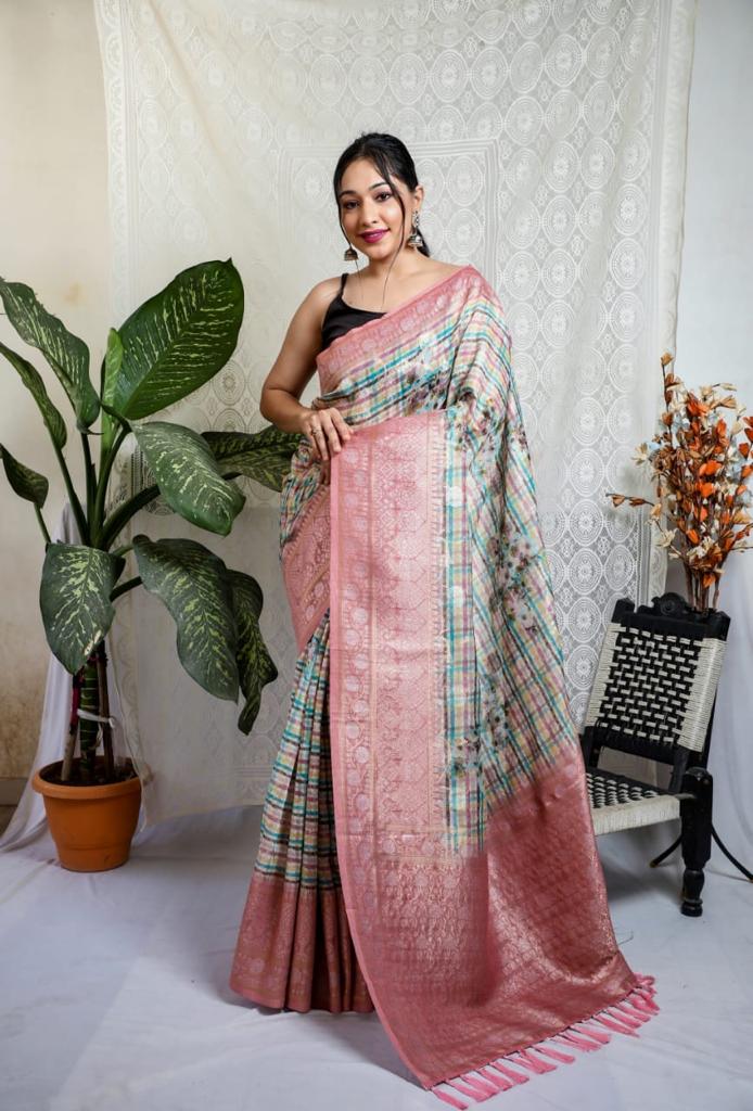 Vsaree Mushroom Silk Silver Weaving Digital Printed Borders And Rich Pallu With Blouse