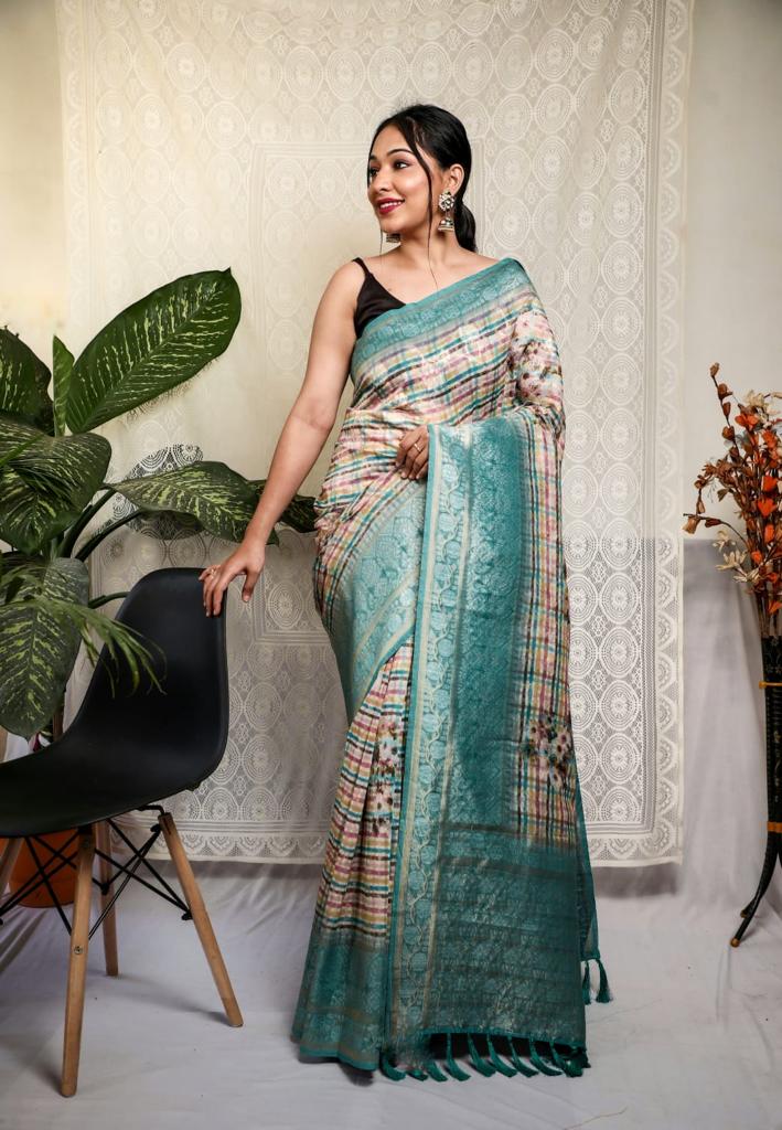 Vsaree Mushroom Silk Silver Weaving Digital Printed Borders And Rich Pallu With Blouse