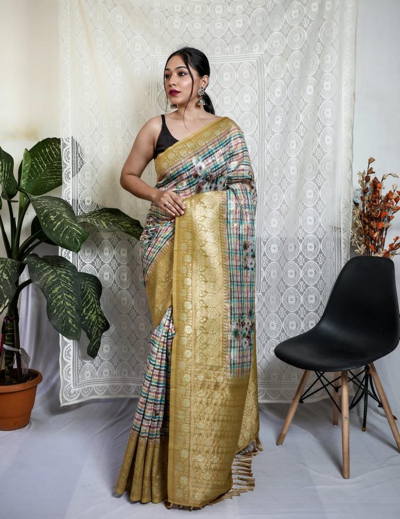 Vsaree Mushroom Silk Silver Weaving Digital Printed Borders And Rich Pallu With Blouse