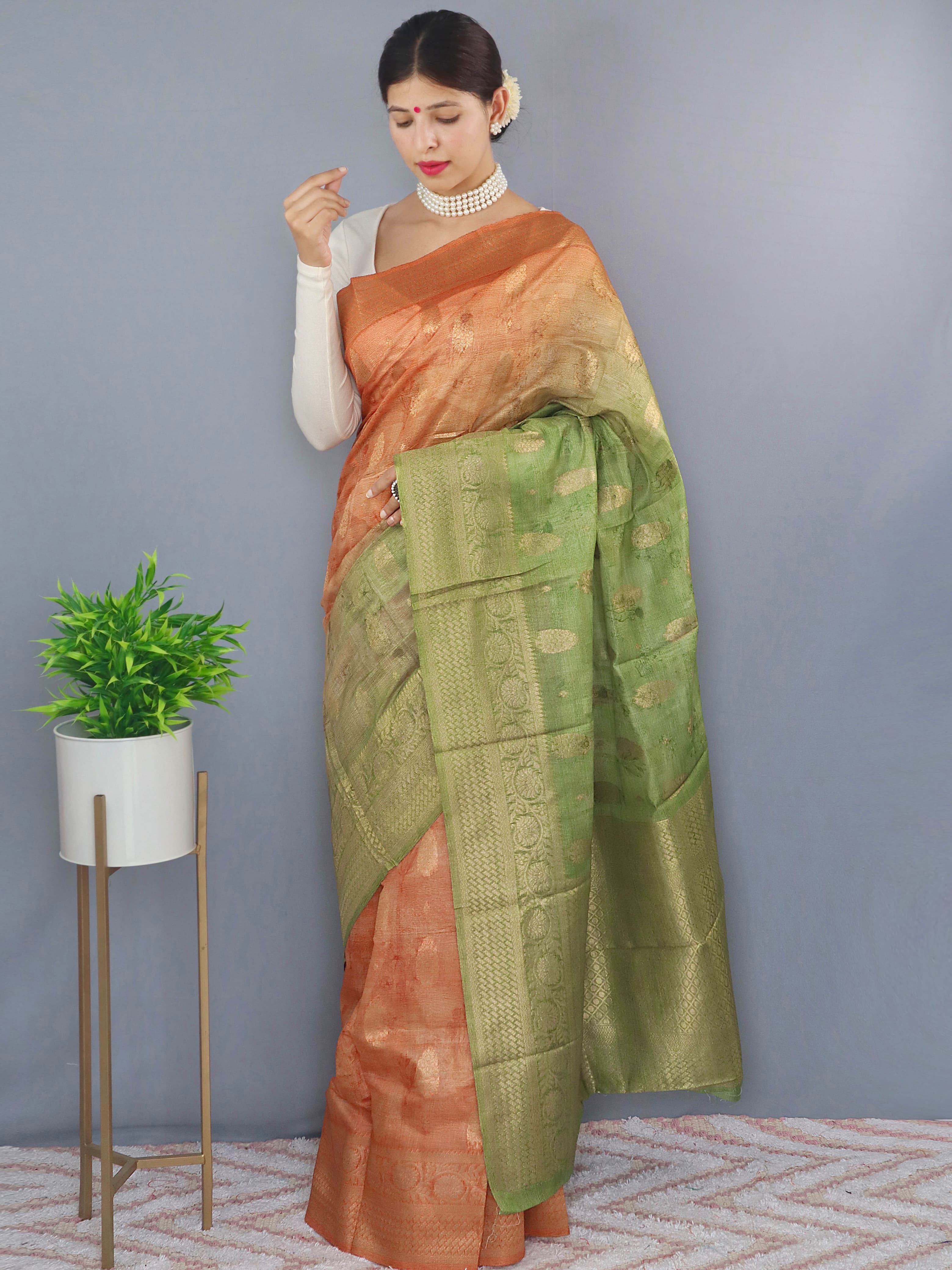 Vsaree Chanderi Silk Saree And Copper Zari Weaving Border And Rich pallu With Blouse